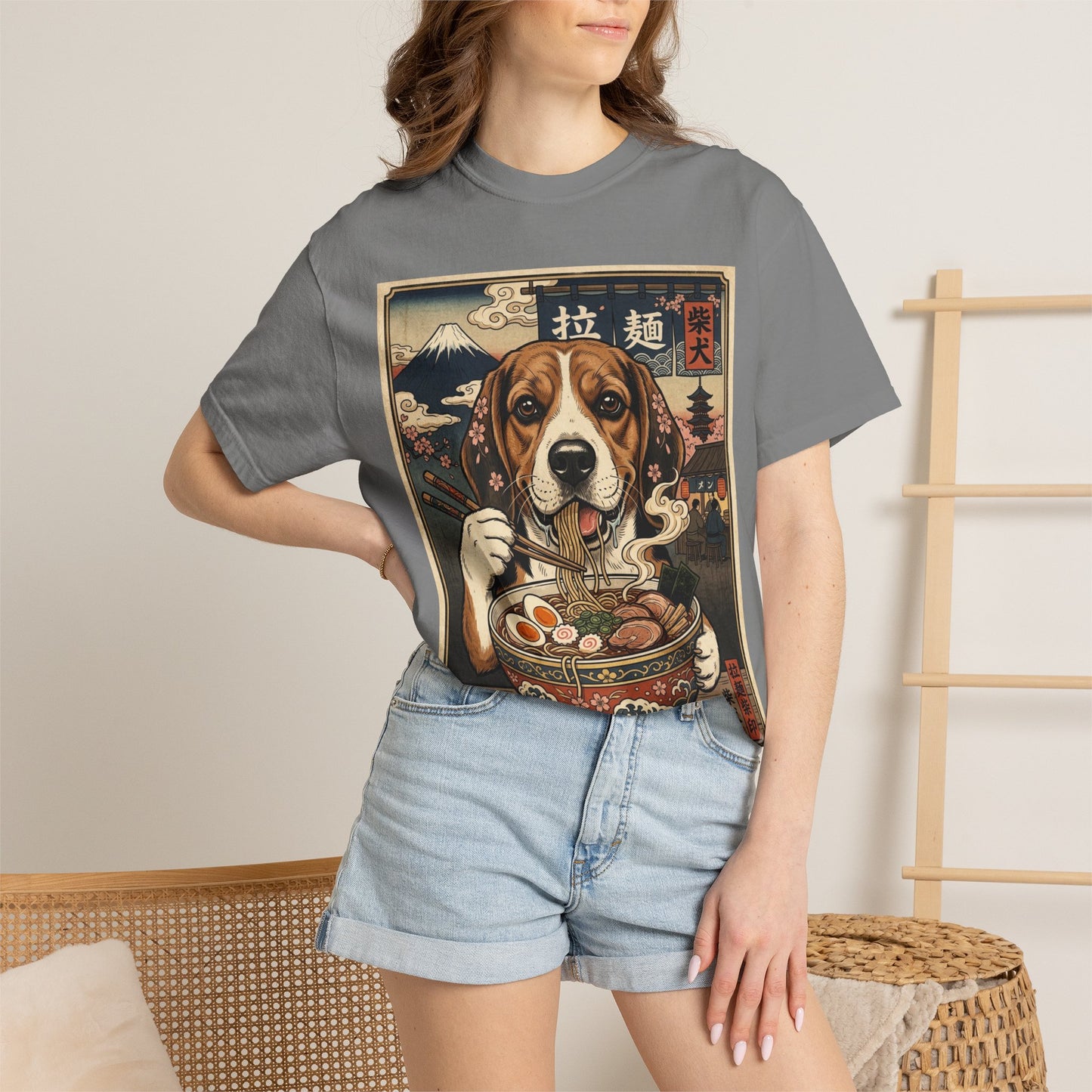 Beagle Eating Ramen T-Shirt | Vintage Japanese Dog Noodle Art