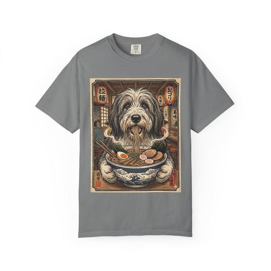 Bearded Collie Dog Eating Ramen T-Shirt | Vintage Japanese Noodle Illustration