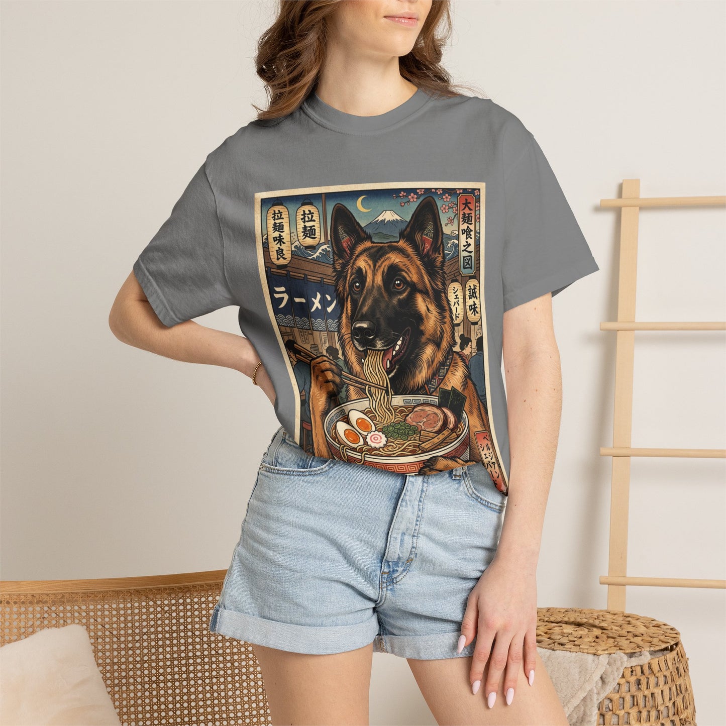 Belgian Shephard Eating Ramen T-Shirt | Japanese Ukiyo-e Dog Illustration