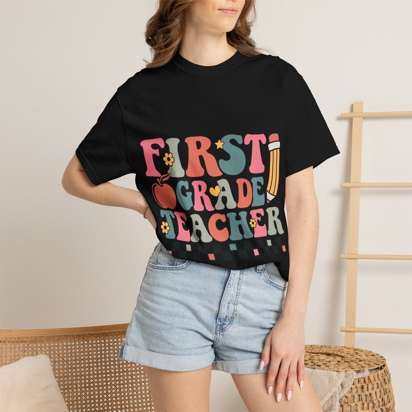 First Grade Teacher T-shirt | Colorful Retro Text, Pencil & Stars
