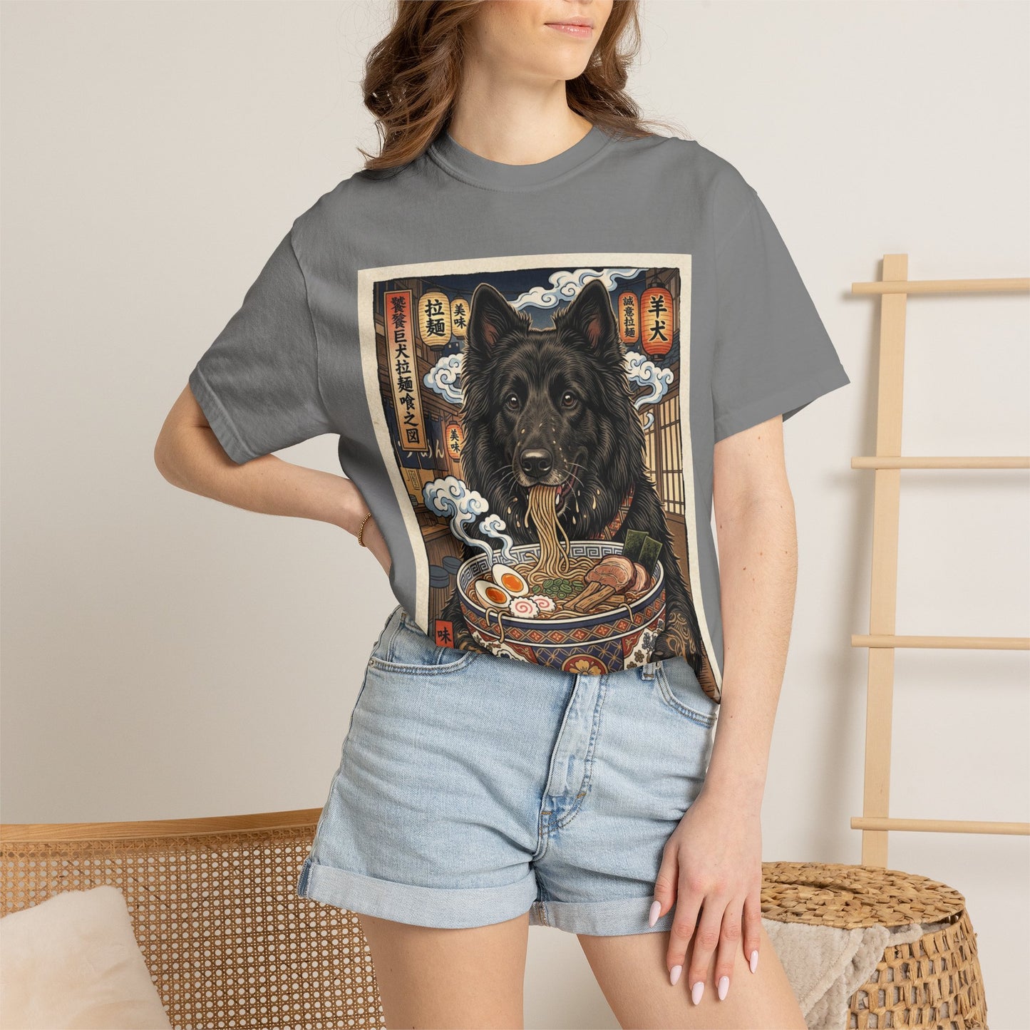 Belgian sheepdog Eating Ramen T-Shirt | Japanese Ukiyo-e Style