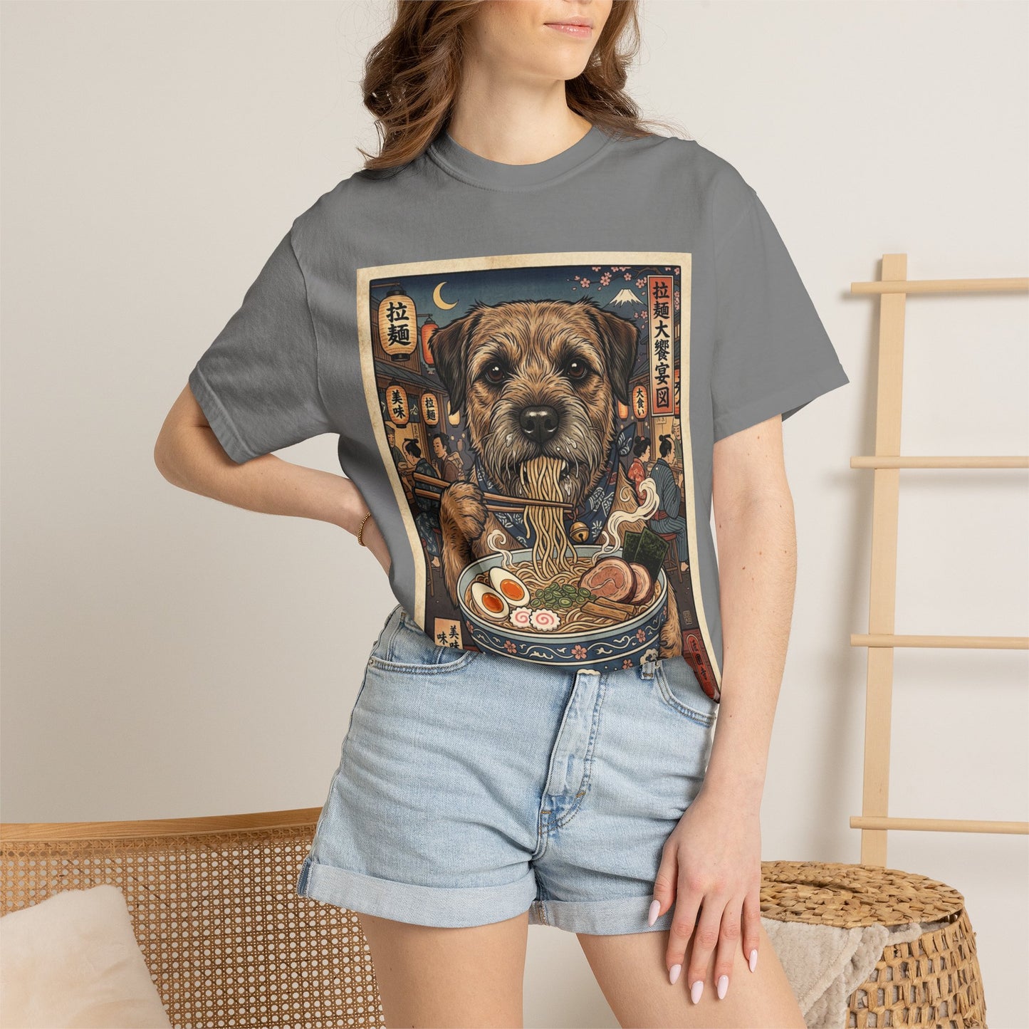Border Terrier Dog Eating Ramen T-Shirt | Vintage Japanese Food Illustration