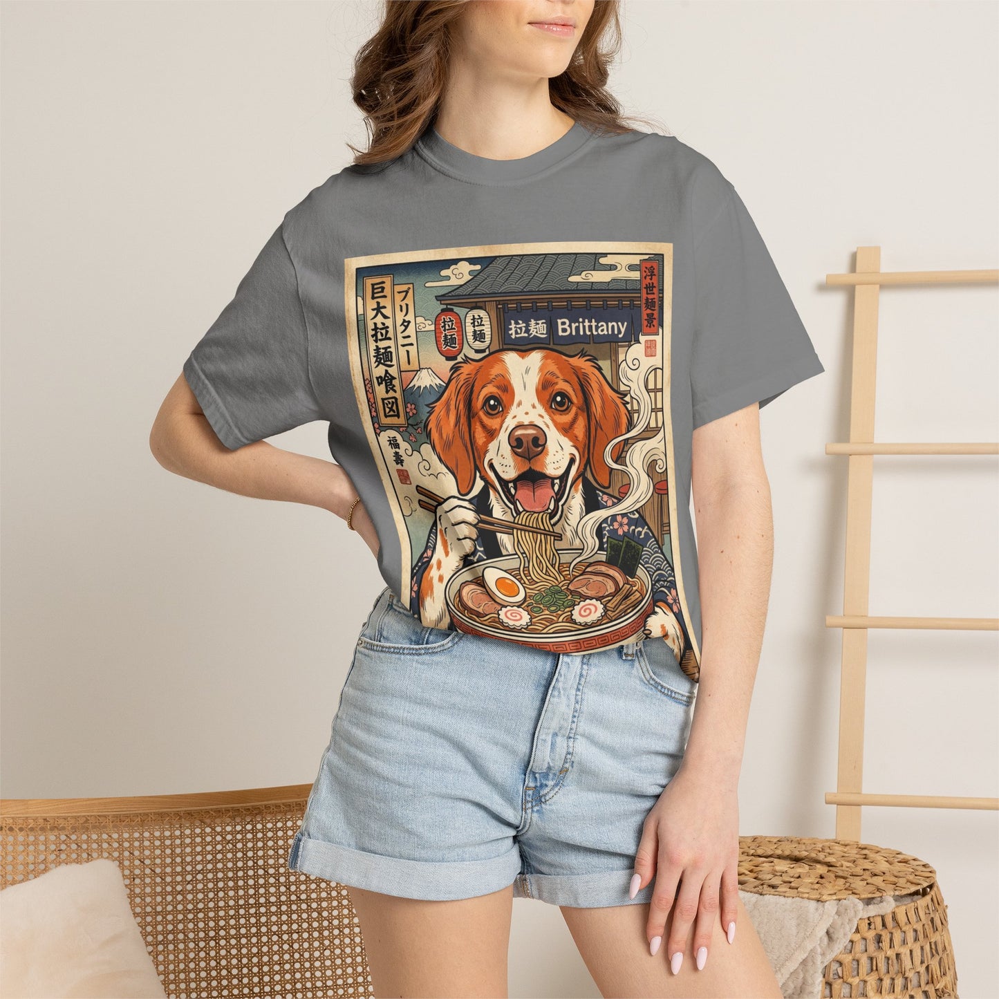 Brittany Spaniel Eating Ramen T-Shirt | Dog Ramen Illustration