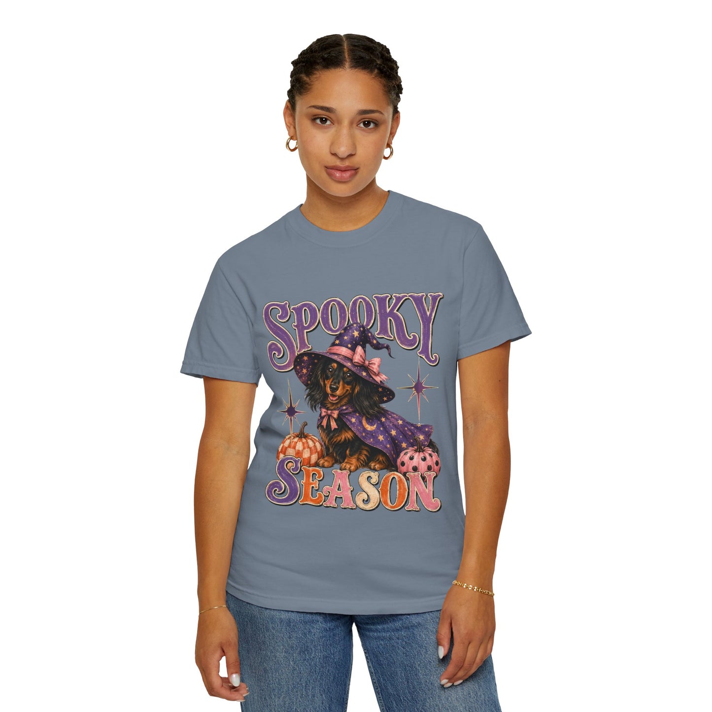 Spooky Season Witch Dachshund T-shirt | Halloween Pumpkin Graphic