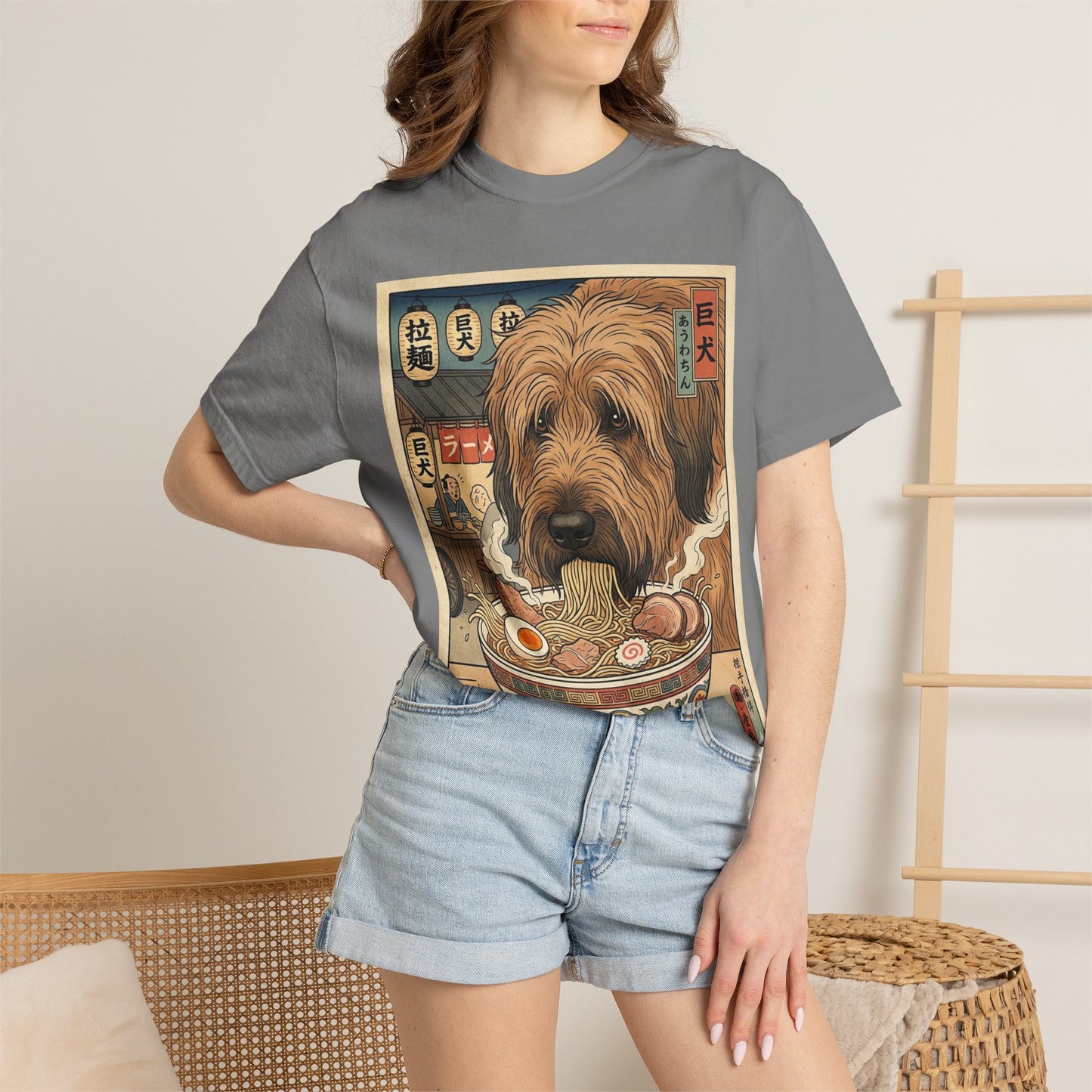 Briard Dog Eating Ramen T-Shirt | Vintage Japanese Noodle Art