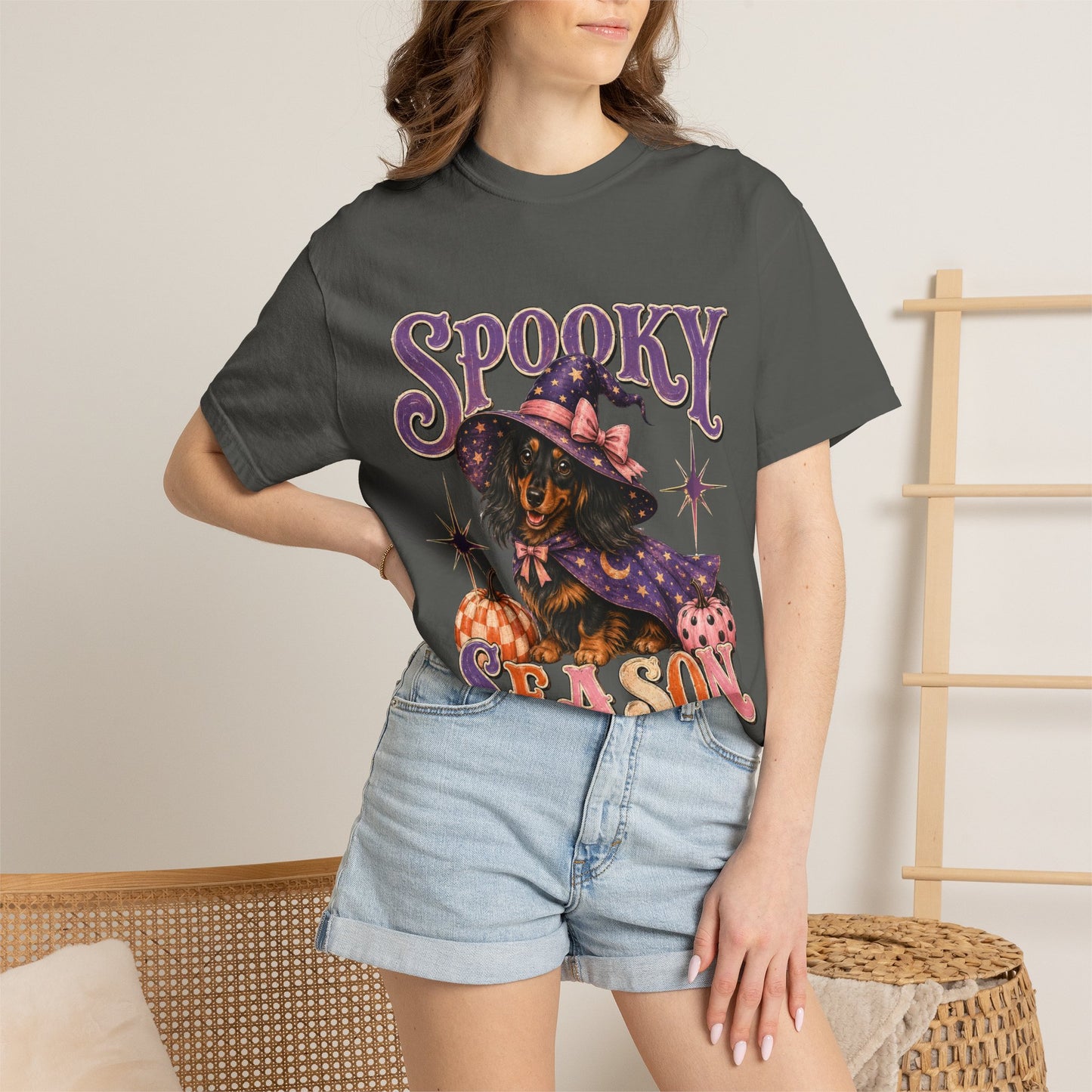 Spooky Season Witch Dachshund T-shirt | Halloween Pumpkin Graphic