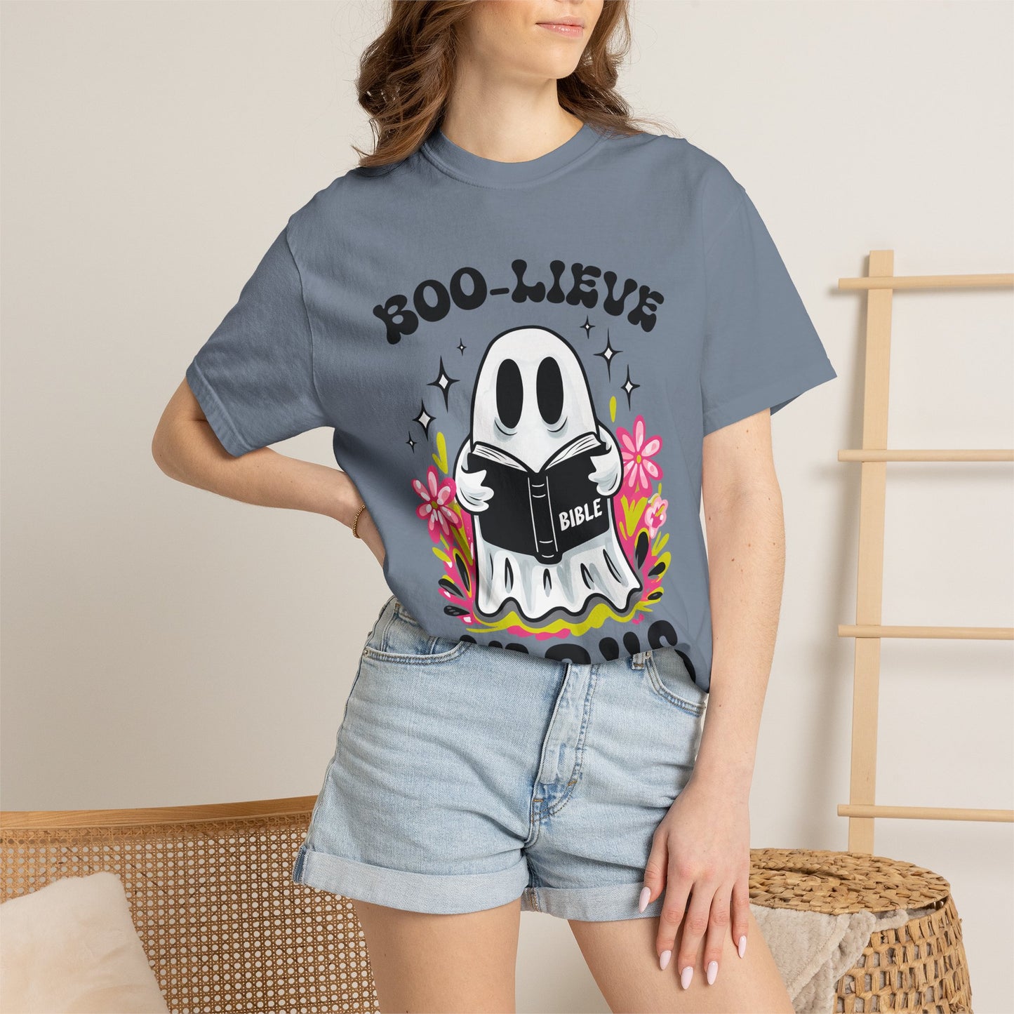 Boo-lieve Jesus ghost reading Bible T-shirt | Halloween Christian design
