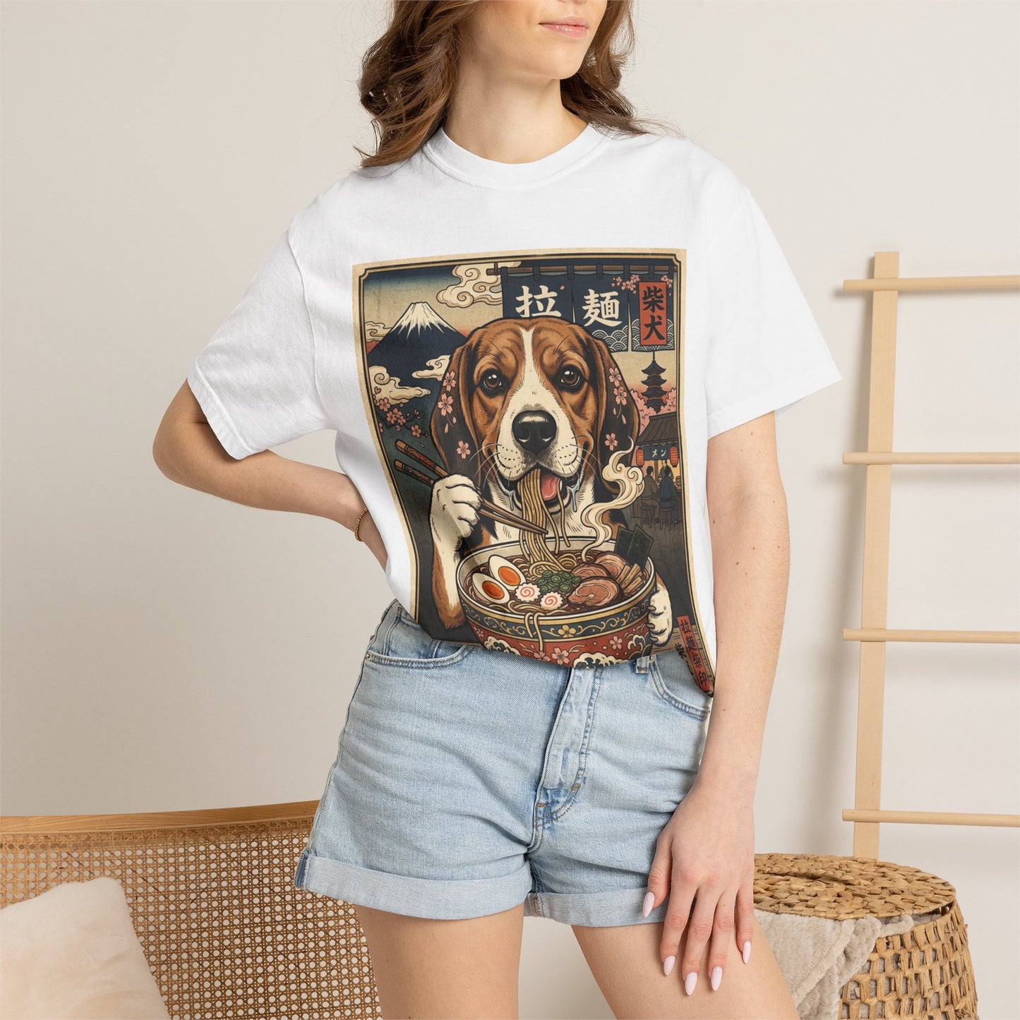 Beagle Eating Ramen T-Shirt | Vintage Japanese Dog Noodle Art