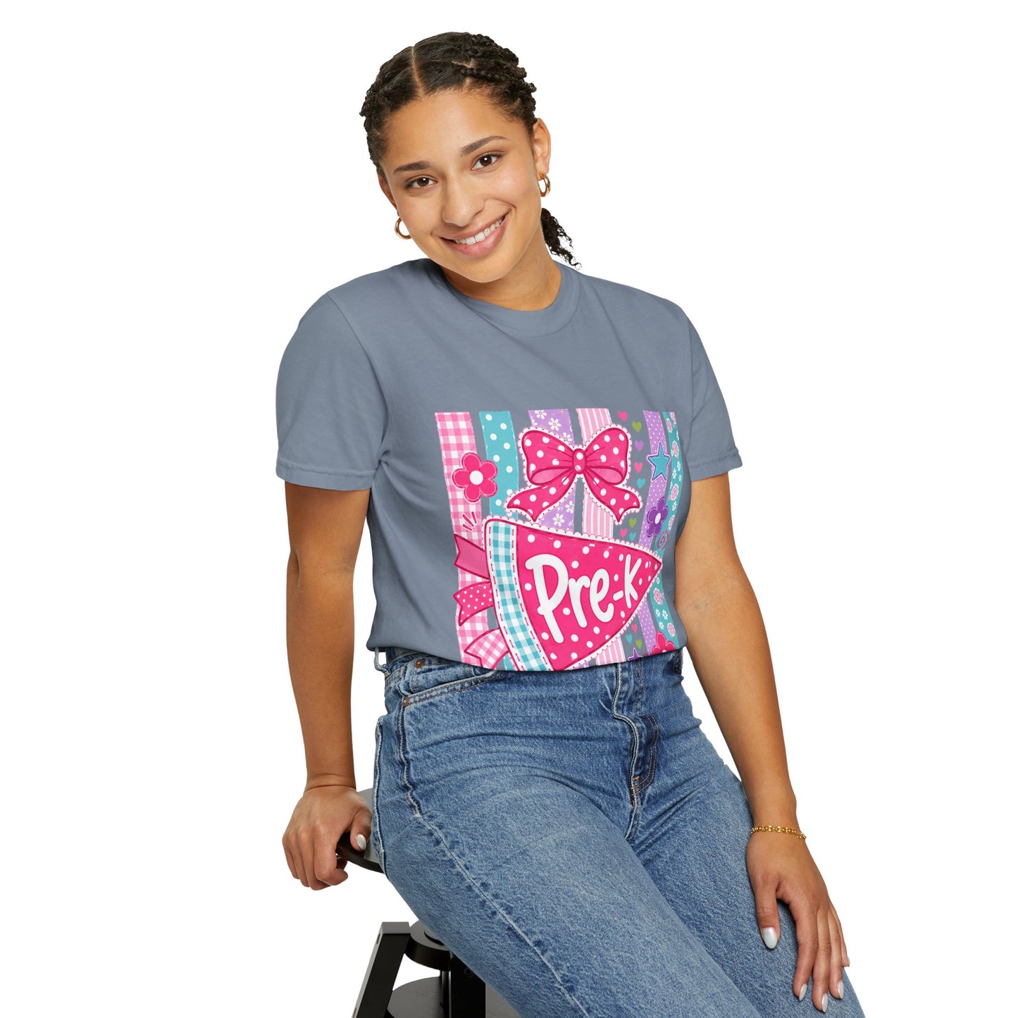 Pre-K Pennant Teacher T-Shirt | Pink Bow Floral Stripes