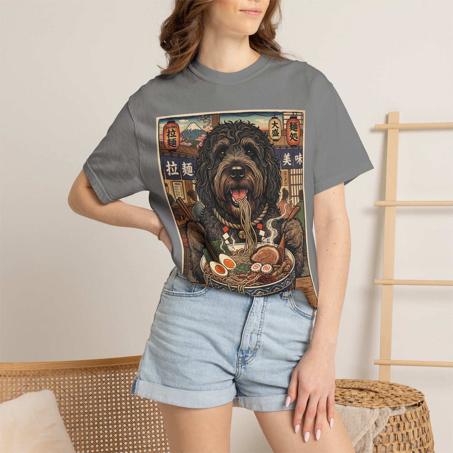 Barbet Dog Eating Ramen T-Shirt | Vintage Japanese Ramen Art