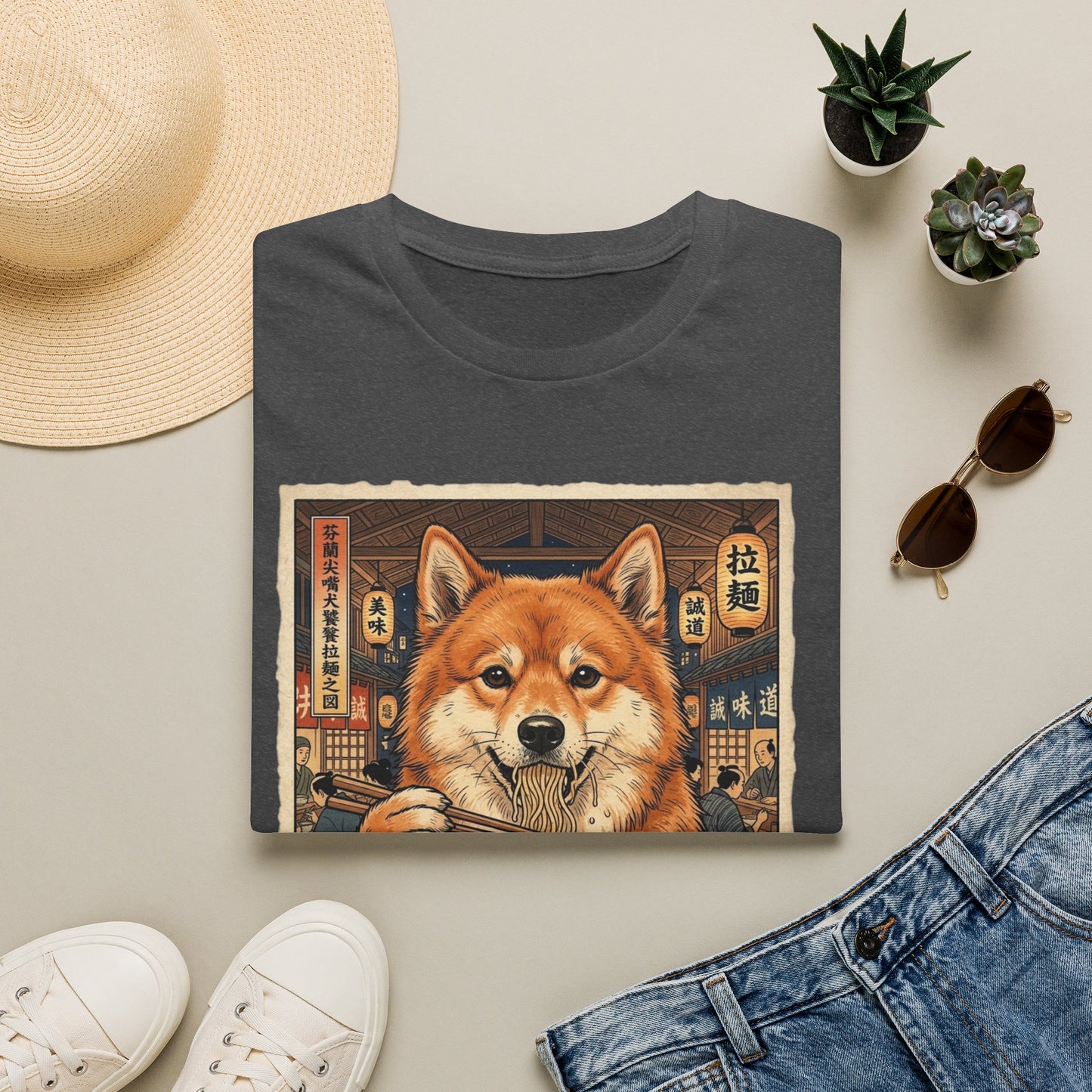 Finnish Spitz Ramen Tee — Cute Dog Eating Noodles Graphic T-Shirt