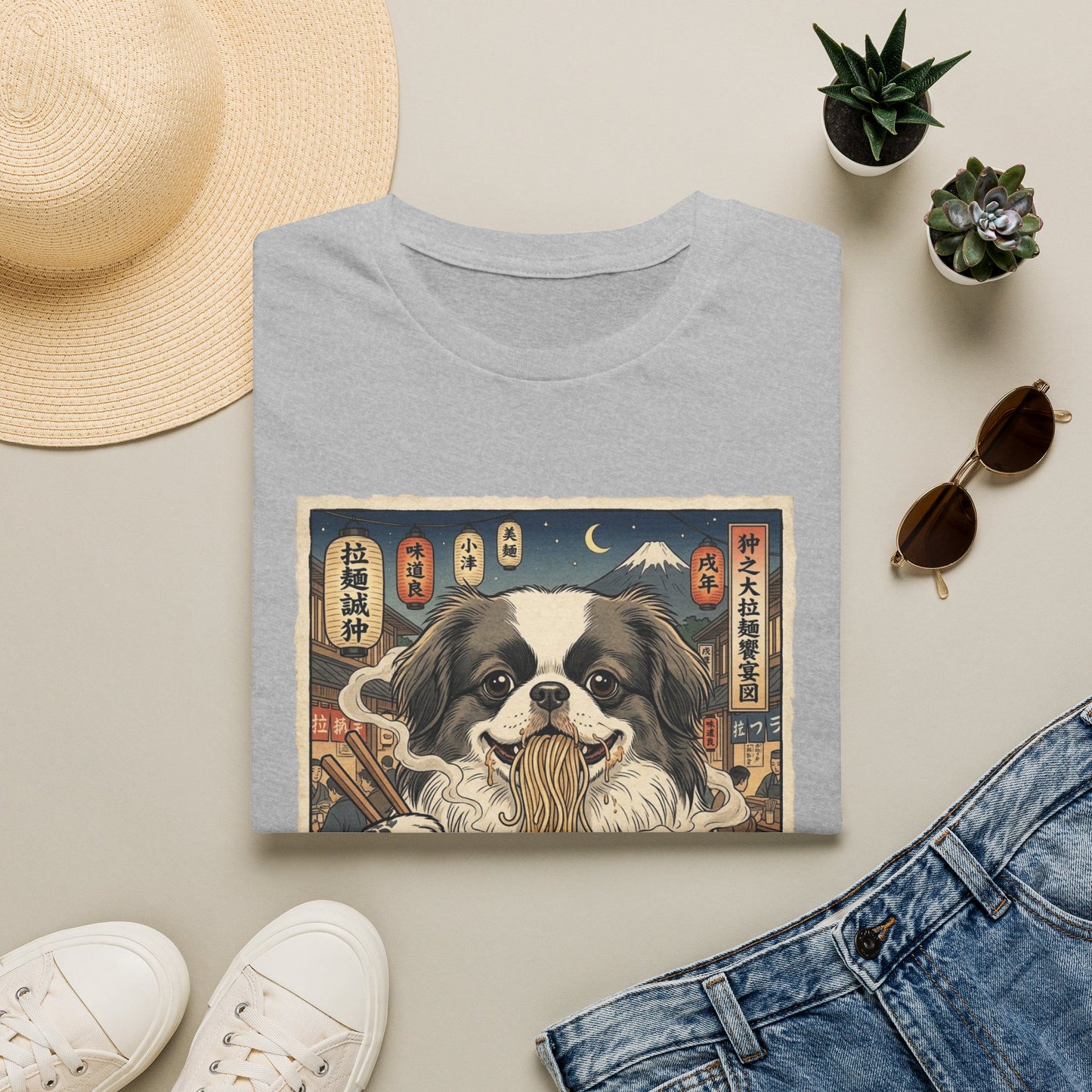 Ramen Japanese Spitz T-Shirt — Japanese Ukiyo-e Dog Eating Noodles Tee