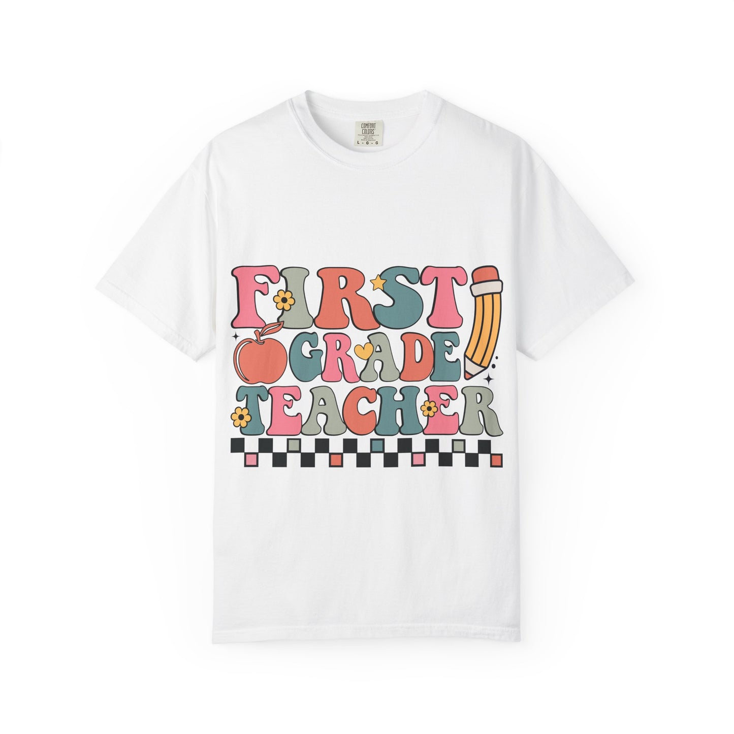 First Grade Teacher T-shirt | Colorful Retro Text, Pencil & Stars