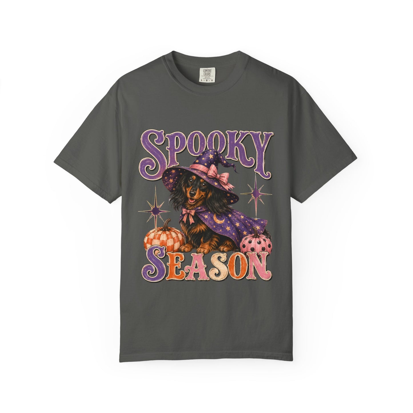 Spooky Season Witch Dachshund T-shirt | Halloween Pumpkin Graphic