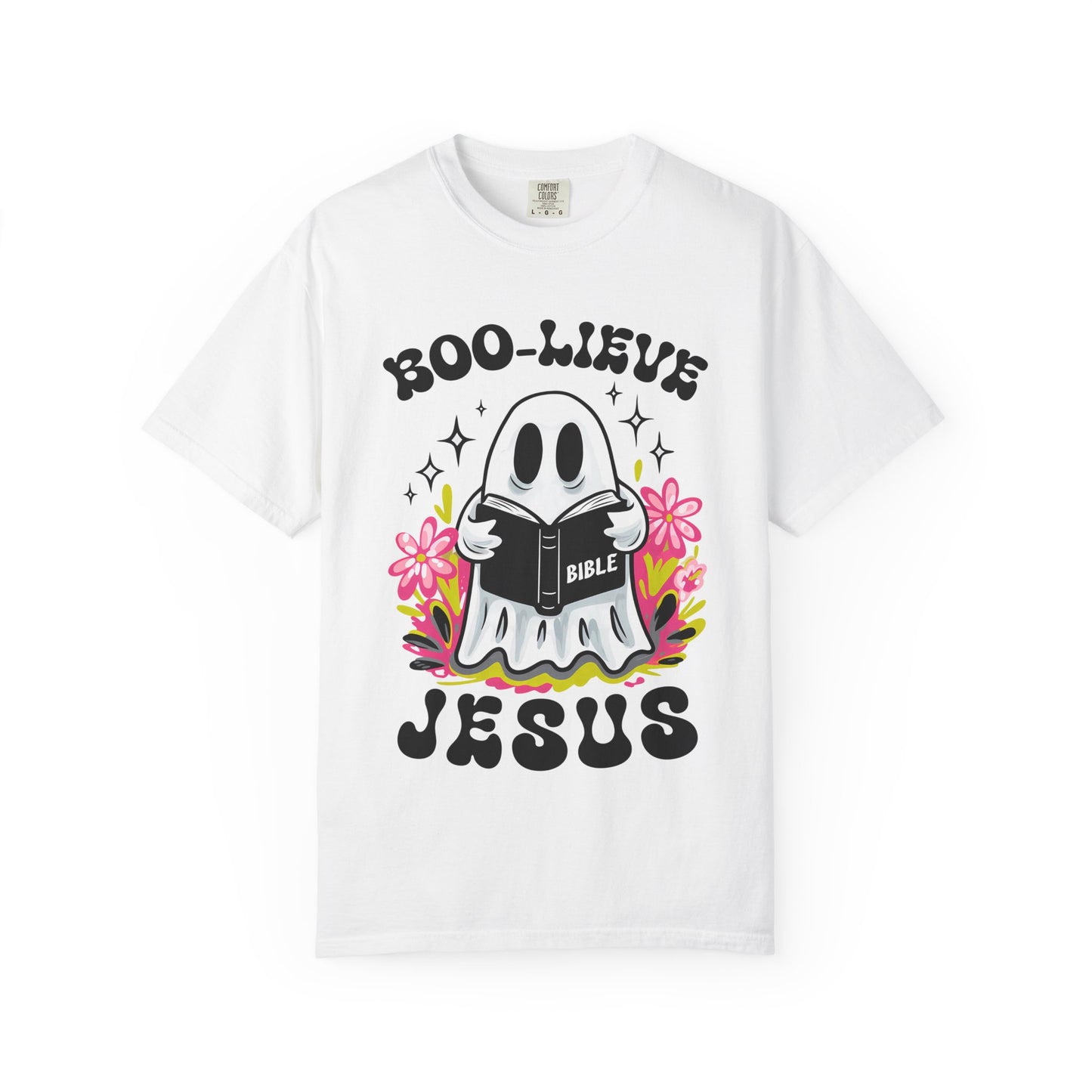 Boo-lieve Jesus ghost reading Bible T-shirt | Halloween Christian design