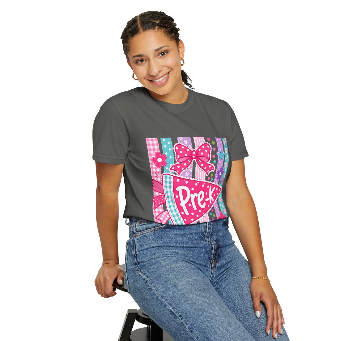 Pre-K Pennant Teacher T-Shirt | Pink Bow Floral Stripes