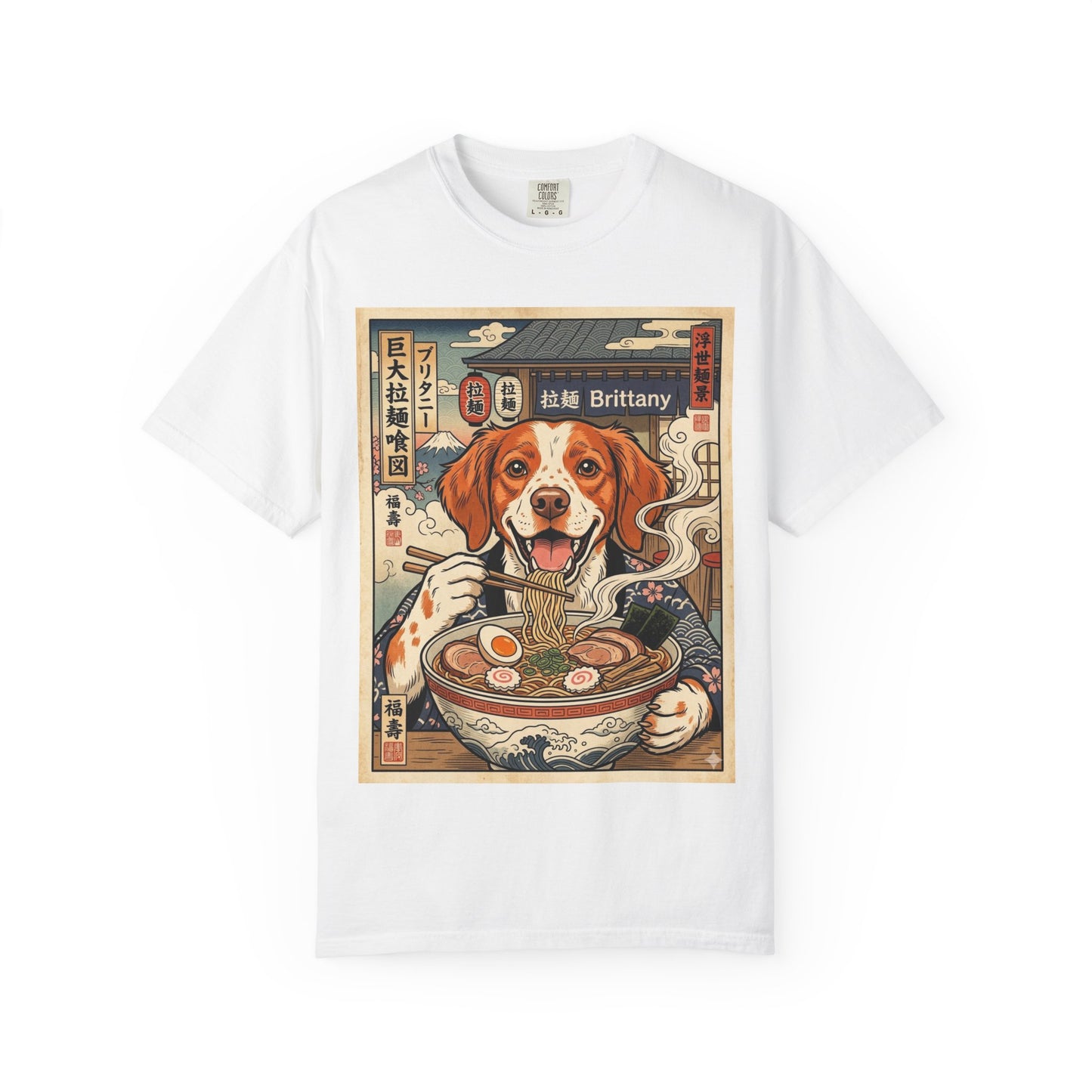 Brittany Spaniel Eating Ramen T-Shirt | Dog Ramen Illustration