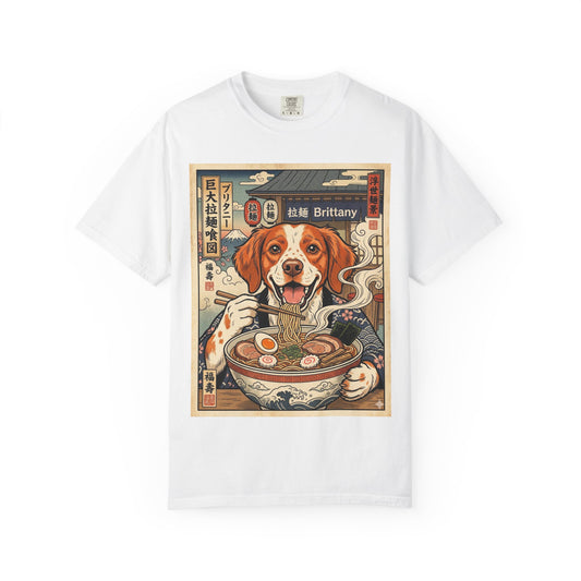 Brittany Spaniel Eating Ramen T-Shirt | Dog Ramen Illustration