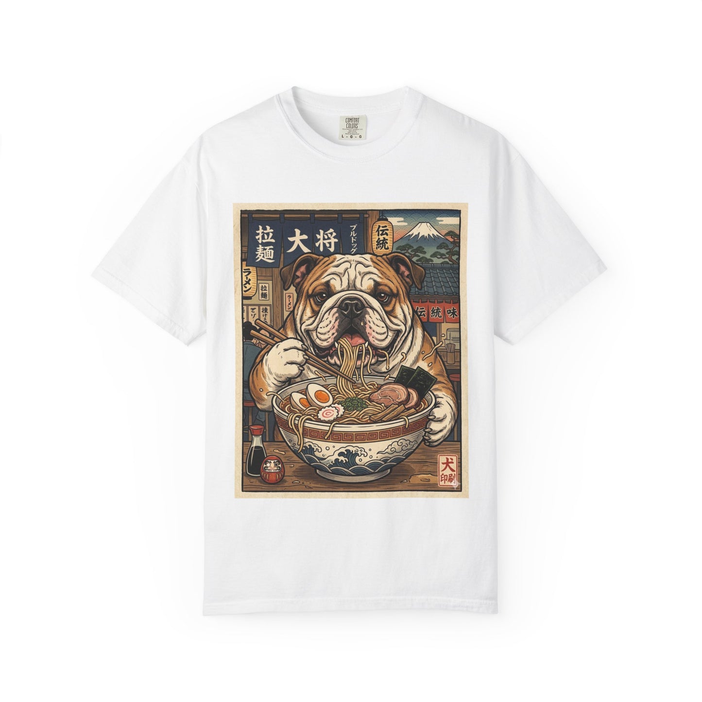 Bulldog Eating Ramen T-shirt | Dog Noodle Illustration