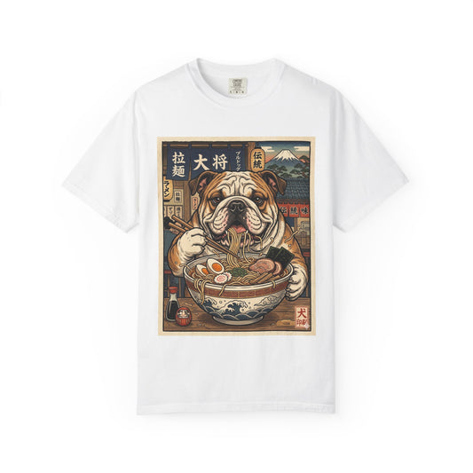 Bulldog Eating Ramen T-shirt | Dog Noodle Illustration