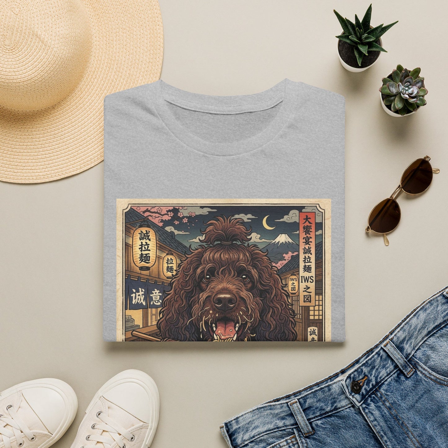 Ramen Irish Water Spaniel T-Shirt — Vintage Japanese Dog Eating Ramen Graphic Tee