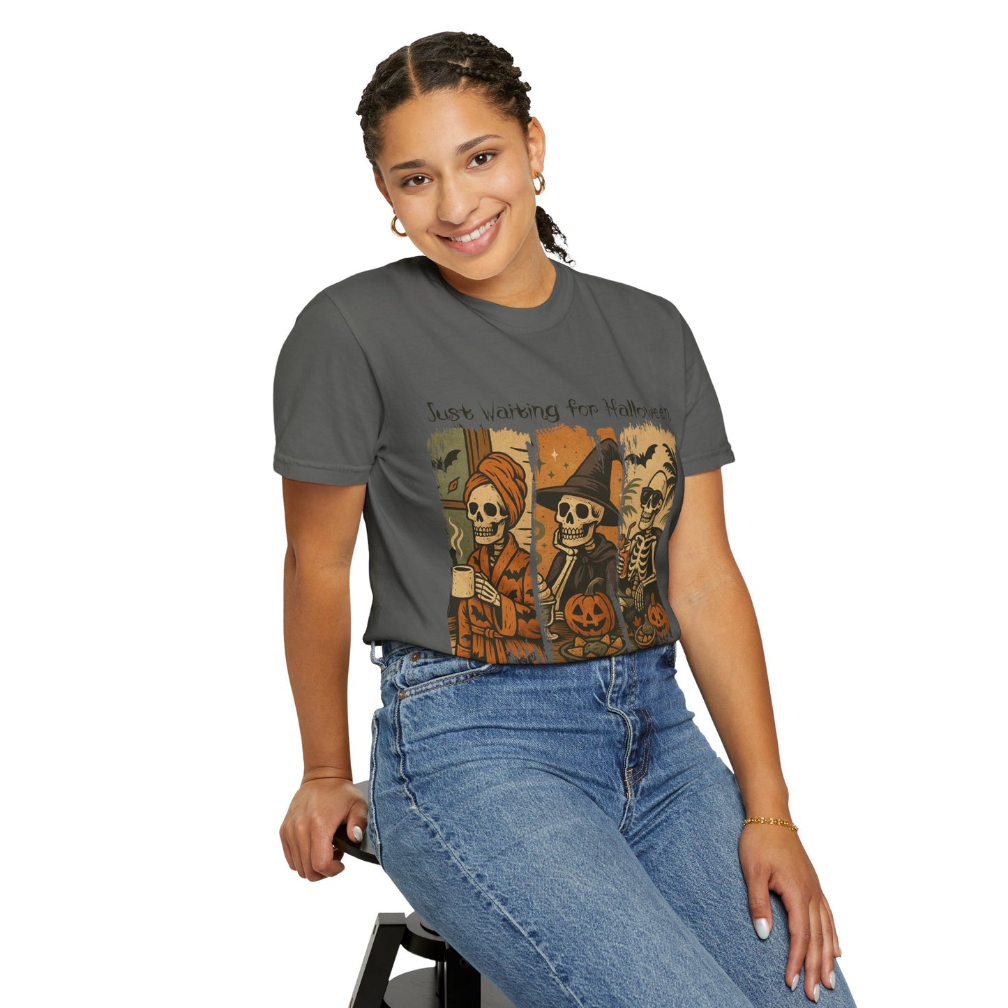 Skeleton Trio Just Waiting for Halloween T-shirt | Halloween Skull Pumpkin Tee