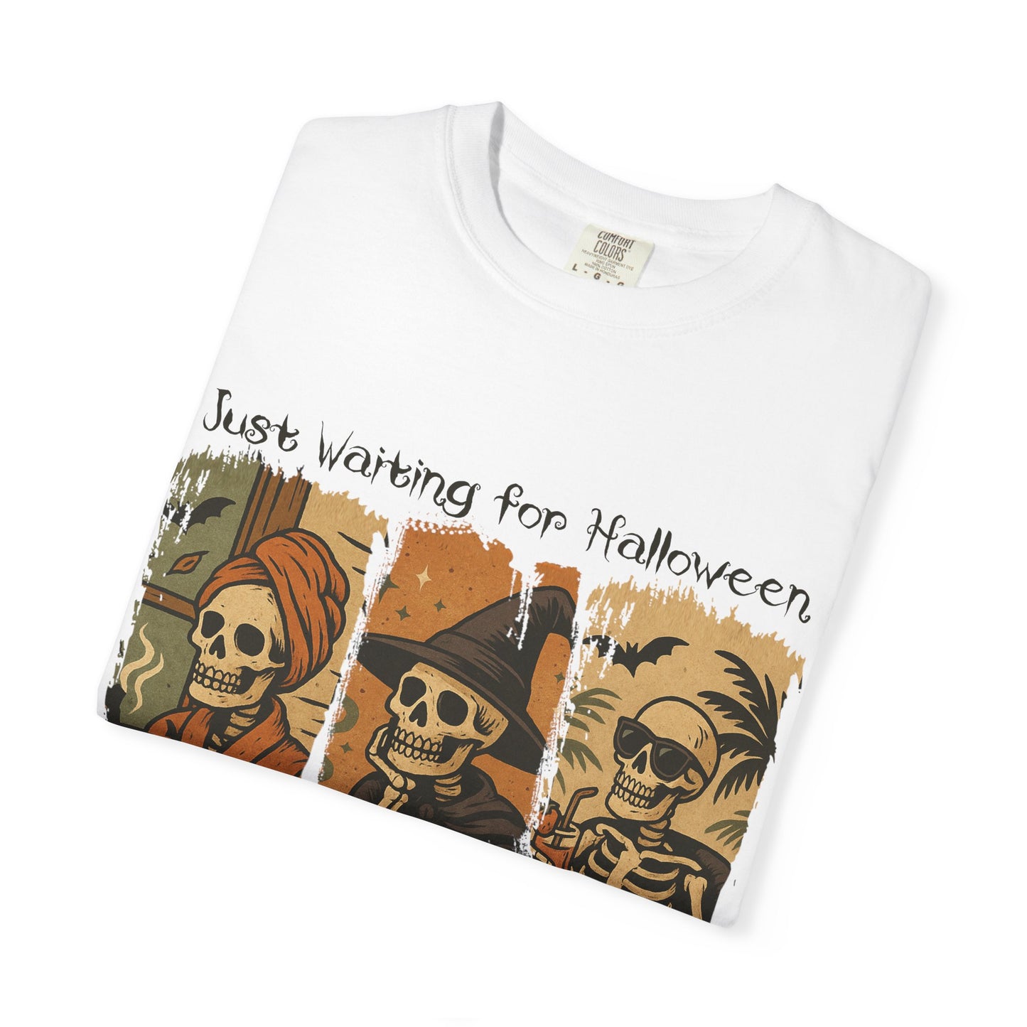 Skeleton Trio Just Waiting for Halloween T-shirt | Halloween Skull Pumpkin Tee