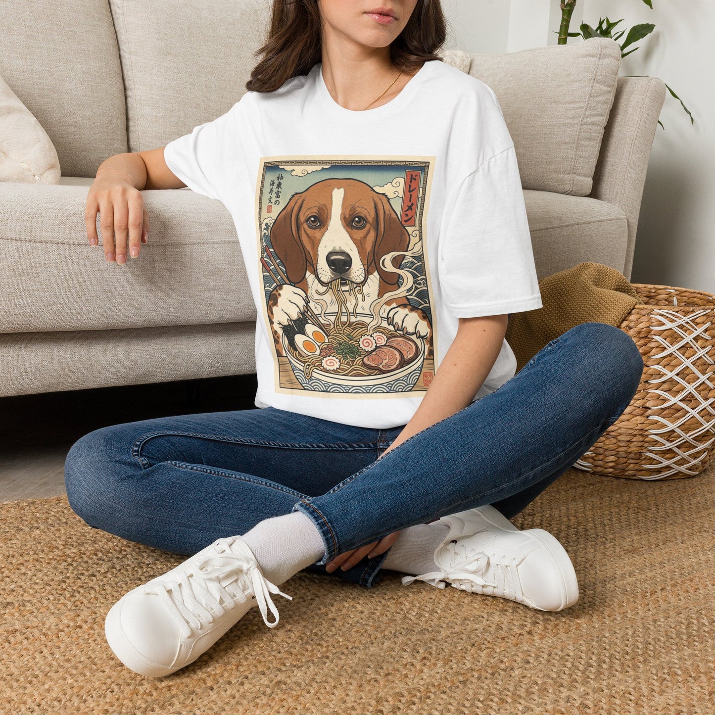 Drever Ramen Vintage Art T-Shirt — Cute Japanese Dog Noodle Bowl Tee