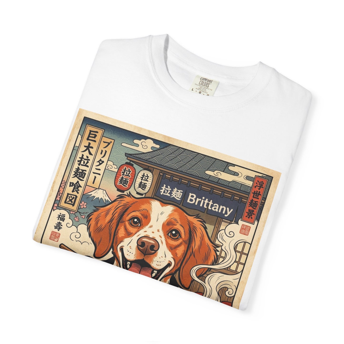 Brittany Spaniel Eating Ramen T-Shirt | Dog Ramen Illustration