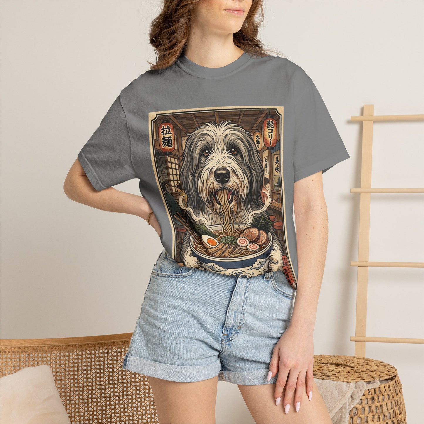 Bearded Collie Dog Eating Ramen T-Shirt | Vintage Japanese Noodle Illustration