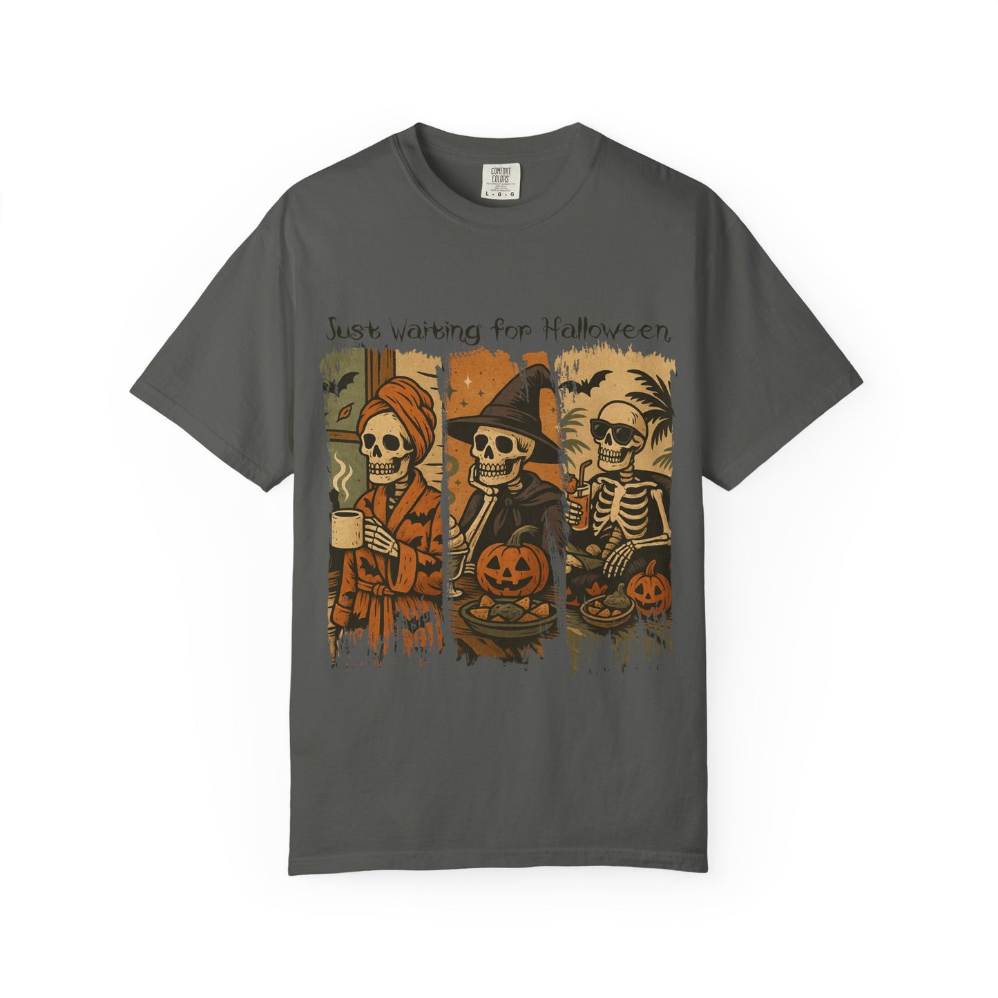 Skeleton Trio Just Waiting for Halloween T-shirt | Halloween Skull Pumpkin Tee