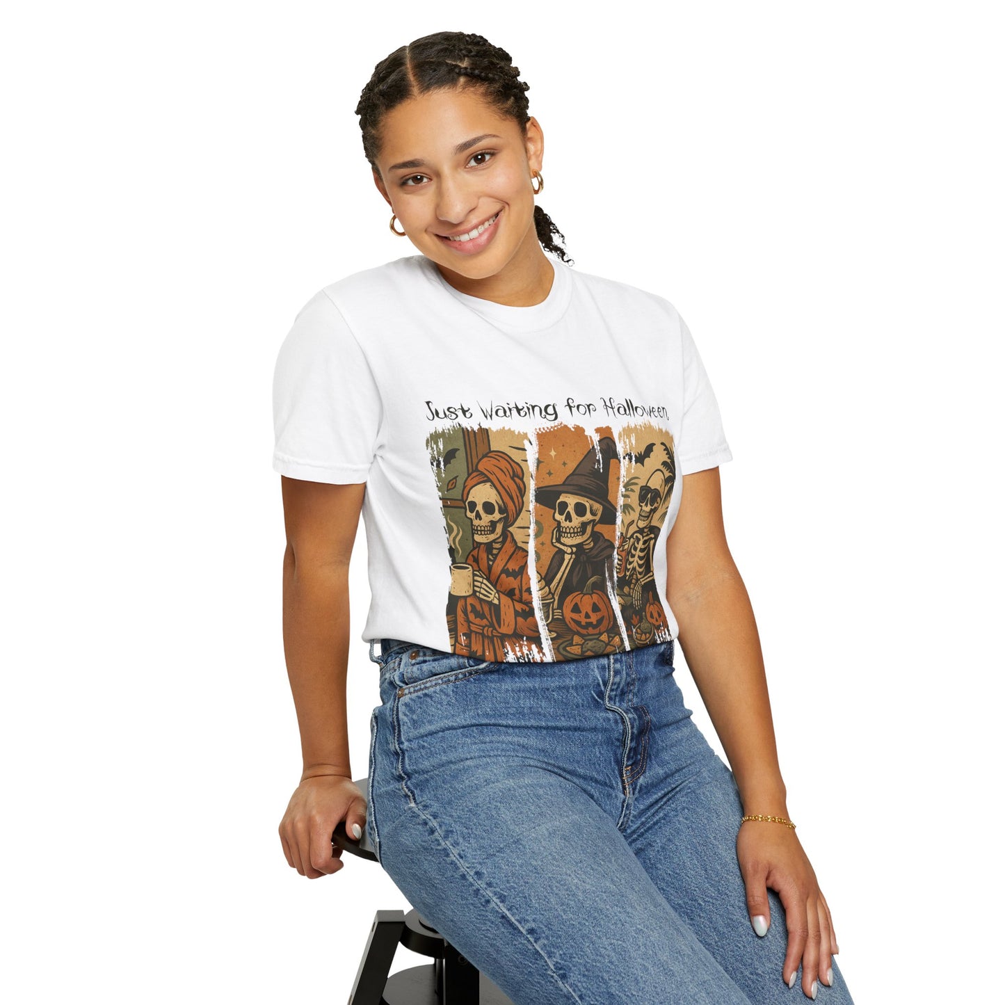 Skeleton Trio Just Waiting for Halloween T-shirt | Halloween Skull Pumpkin Tee