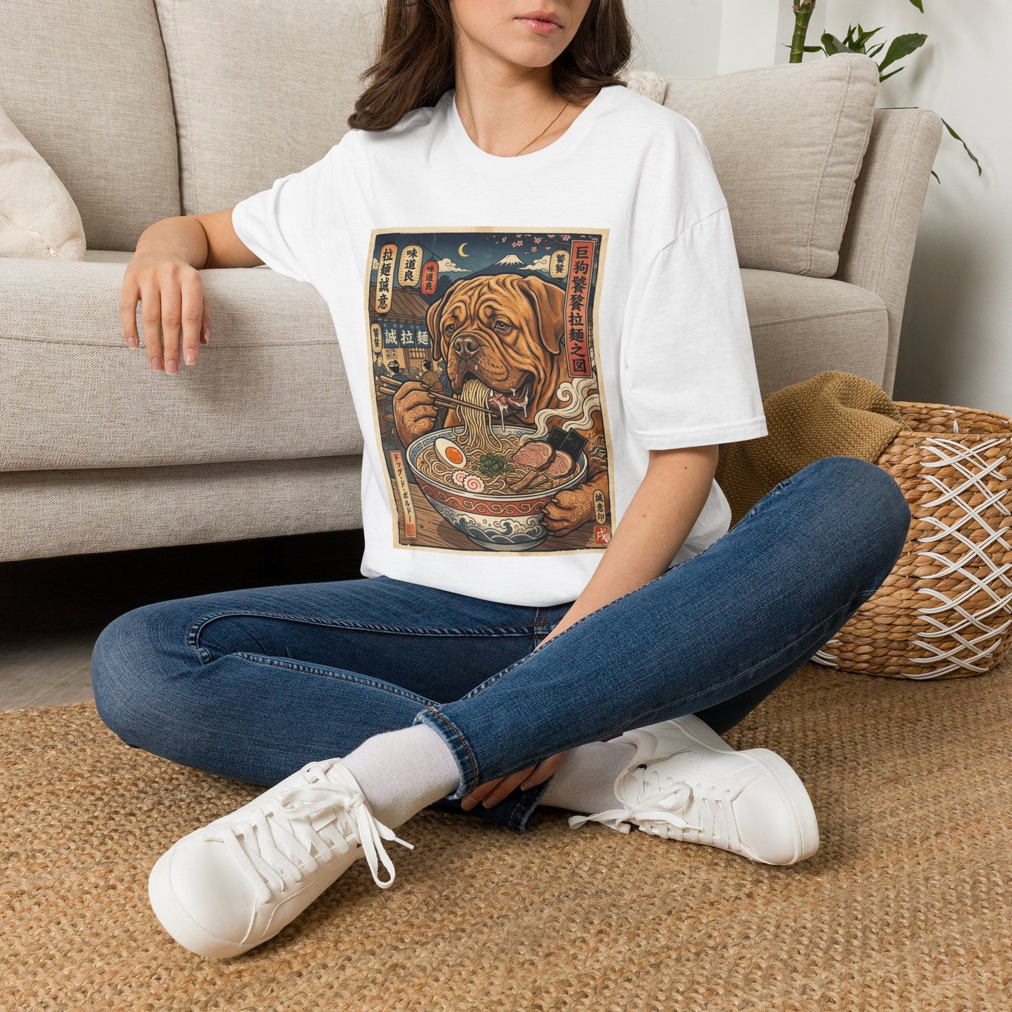 Dogue de Bordeaux Ramen Dog Graphic T-Shirt — Vintage Japanese-Inspired Noodle Bowl Tee