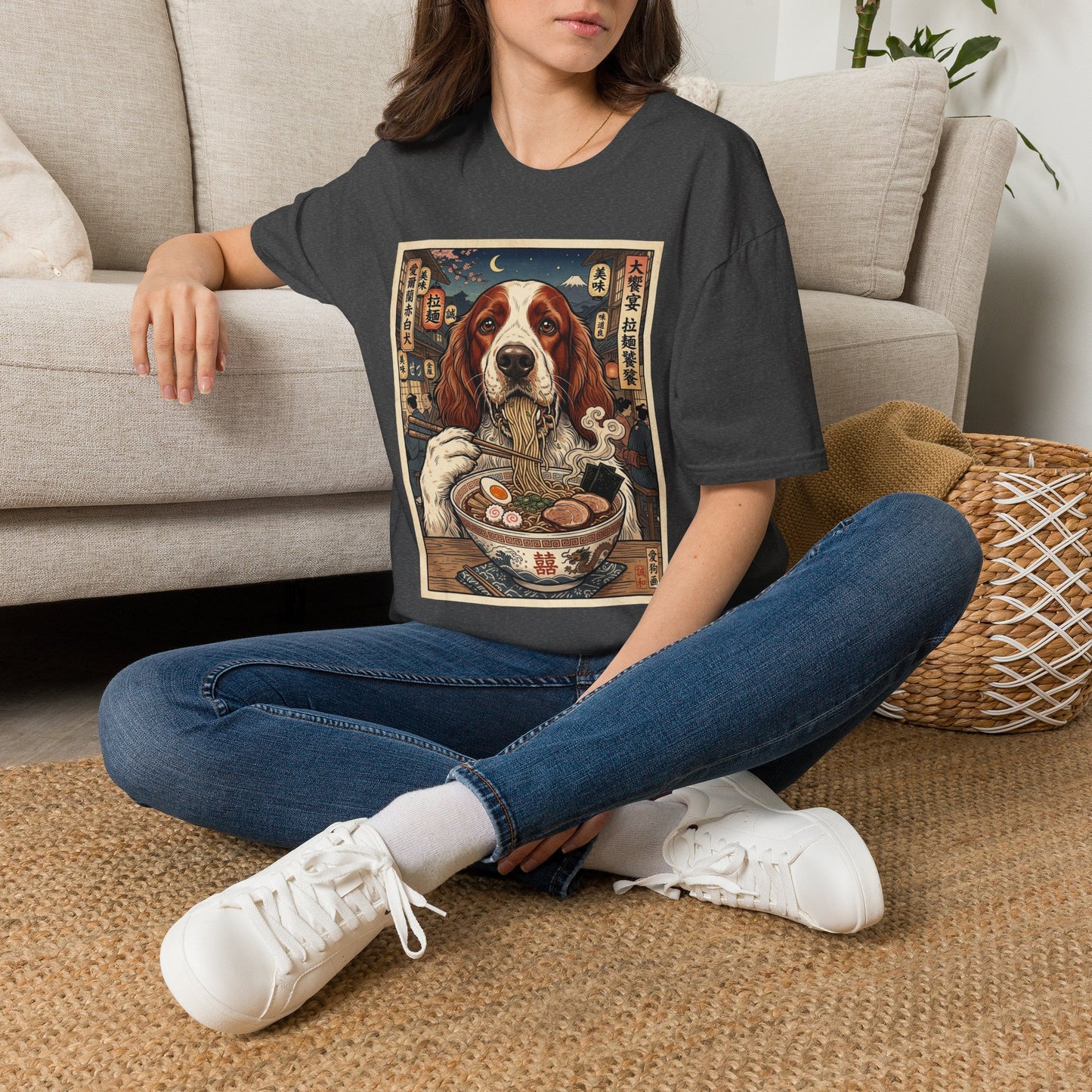 Irish Red and White Setter Ramen Vintage Art T-Shirt — Cute Dog Bowl Graphic Tee