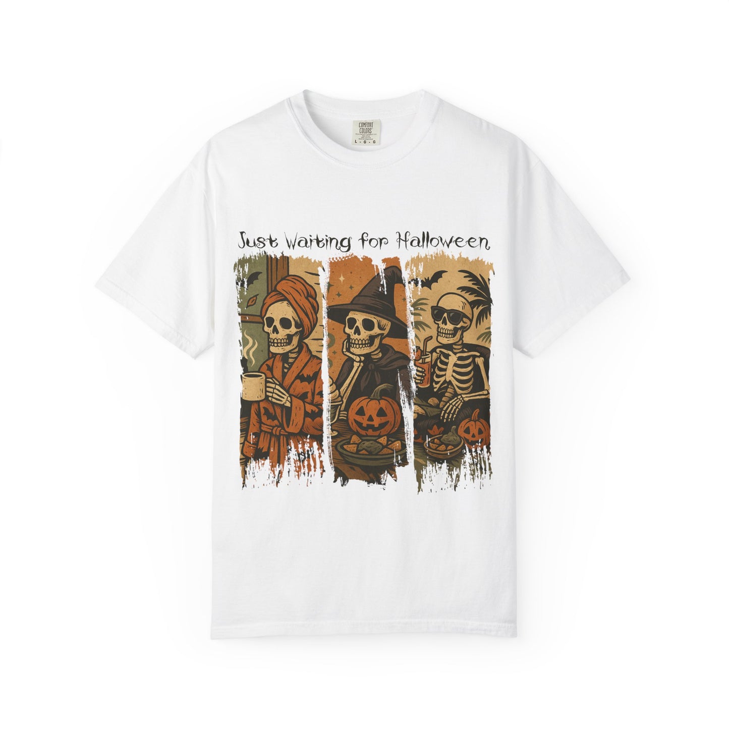 Skeleton Trio Just Waiting for Halloween T-shirt | Halloween Skull Pumpkin Tee