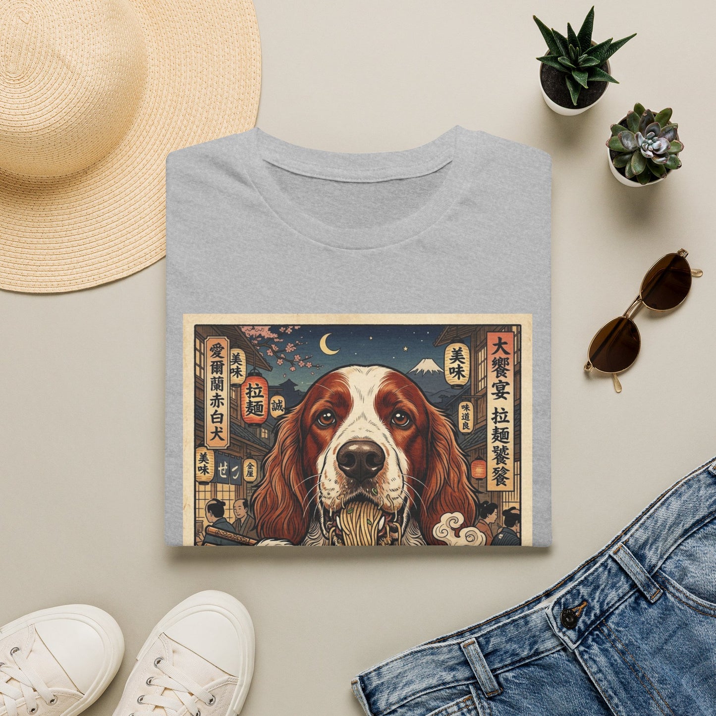 Irish Red and White Setter Ramen Vintage Art T-Shirt — Cute Dog Bowl Graphic Tee