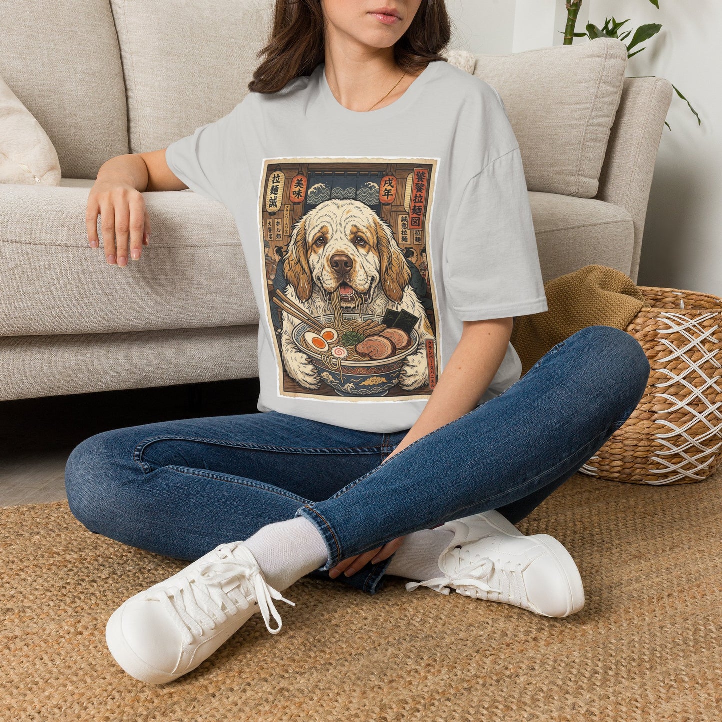 Clumber Spaniel Ramen Dog Illustration T-Shirt | Cute Noodle Bowl Art