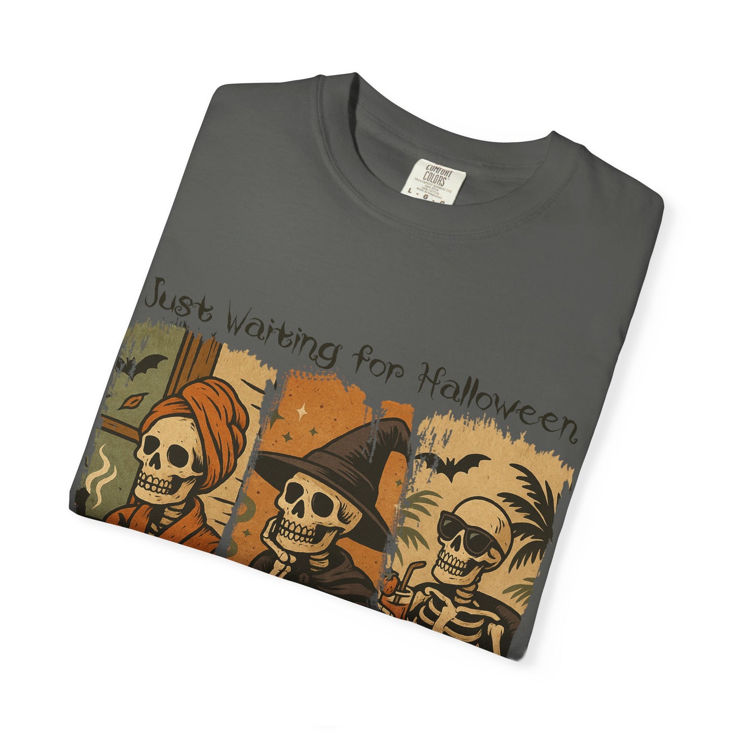 Skeleton Trio Just Waiting for Halloween T-shirt | Halloween Skull Pumpkin Tee