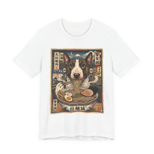 Miniature Bull Terrier Ramen Dog T‑Shirt — Vintage Japanese Noodle Bowl Design