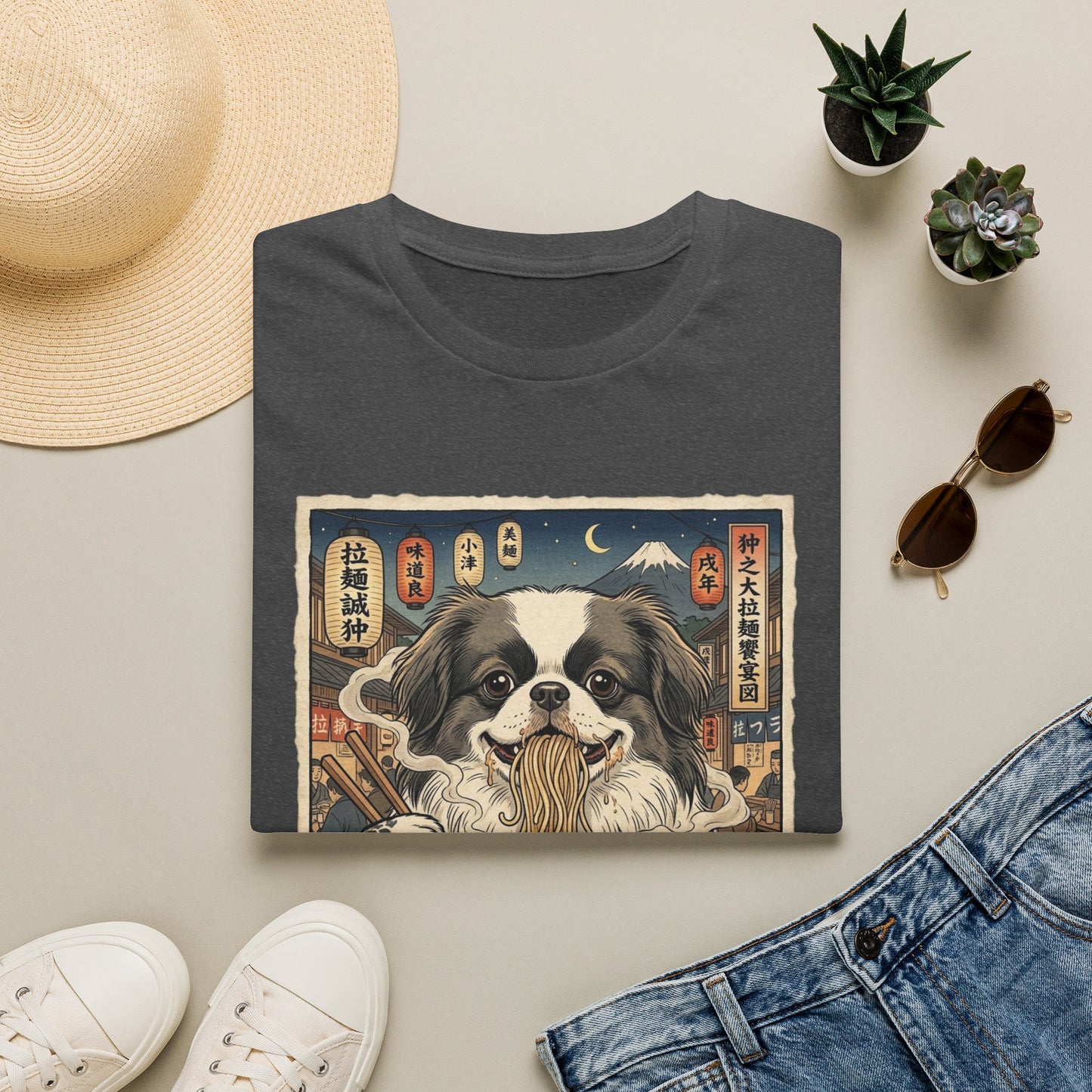 Ramen Japanese Spitz T-Shirt — Japanese Ukiyo-e Dog Eating Noodles Tee