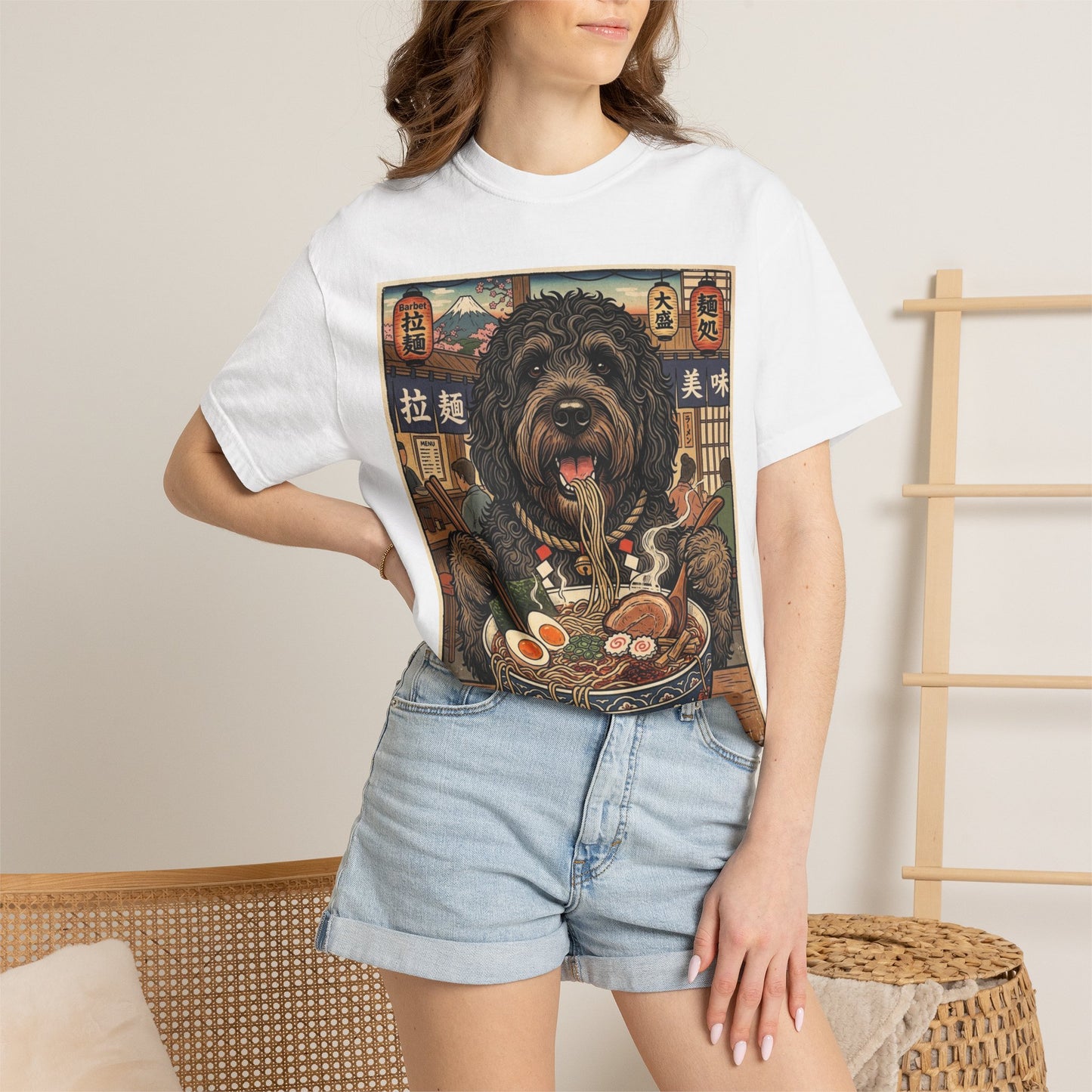Barbet Dog Eating Ramen T-Shirt | Vintage Japanese Ramen Art