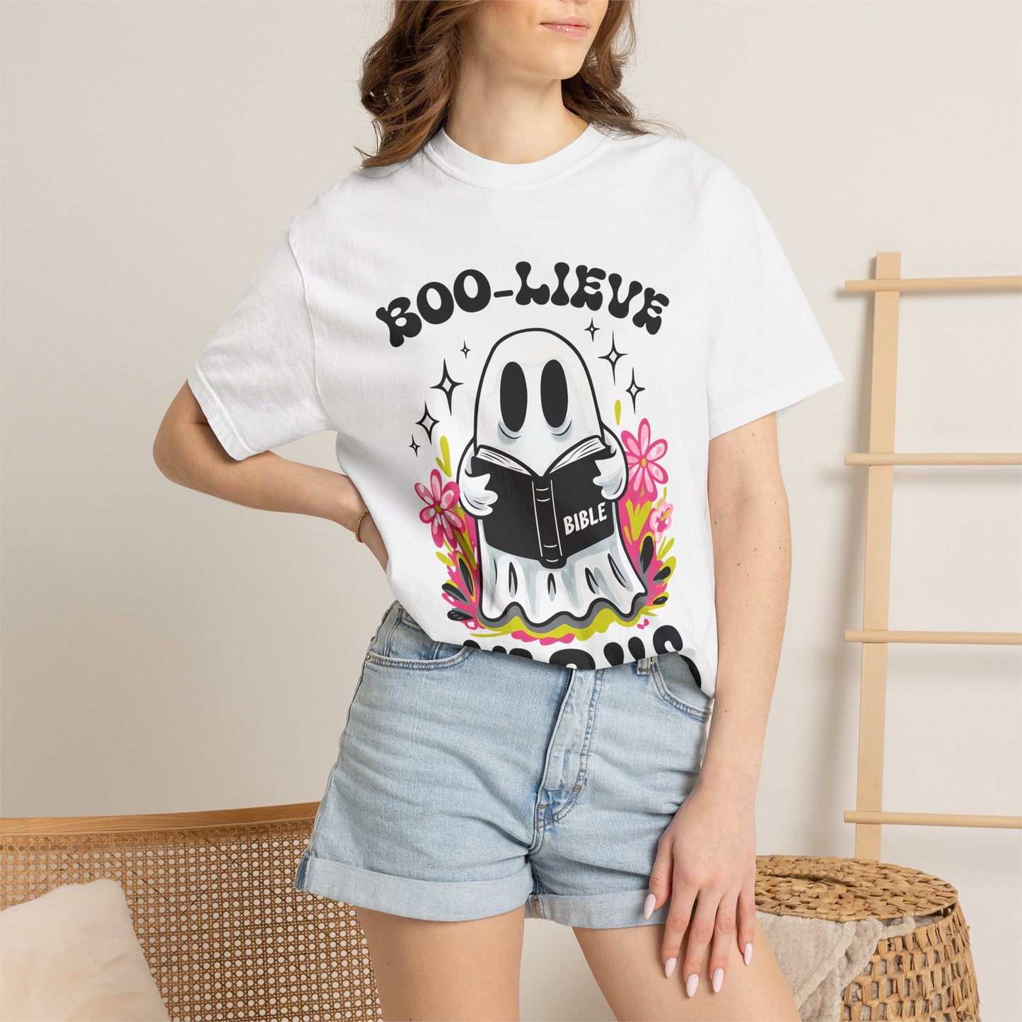 Boo-lieve Jesus ghost reading Bible T-shirt | Halloween Christian design