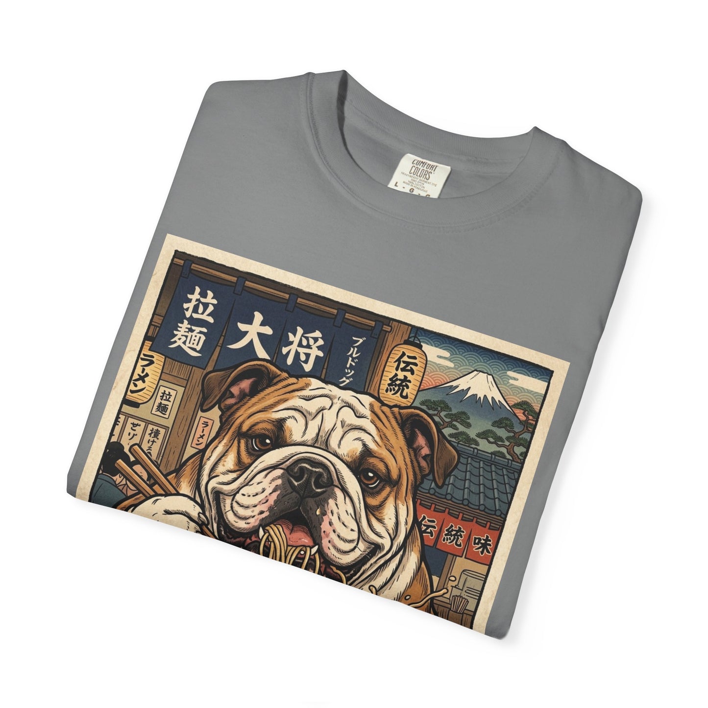 Bulldog Eating Ramen T-shirt | Dog Noodle Illustration