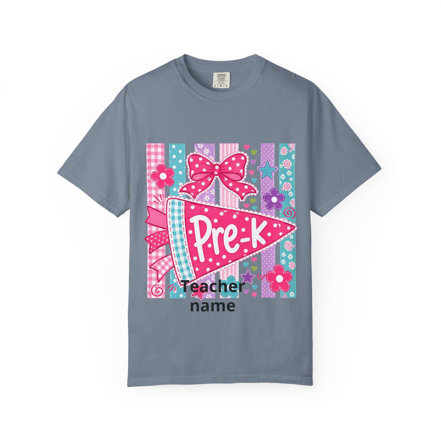 Pre-K Pennant Teacher T-Shirt | Pink Bow Floral Stripes
