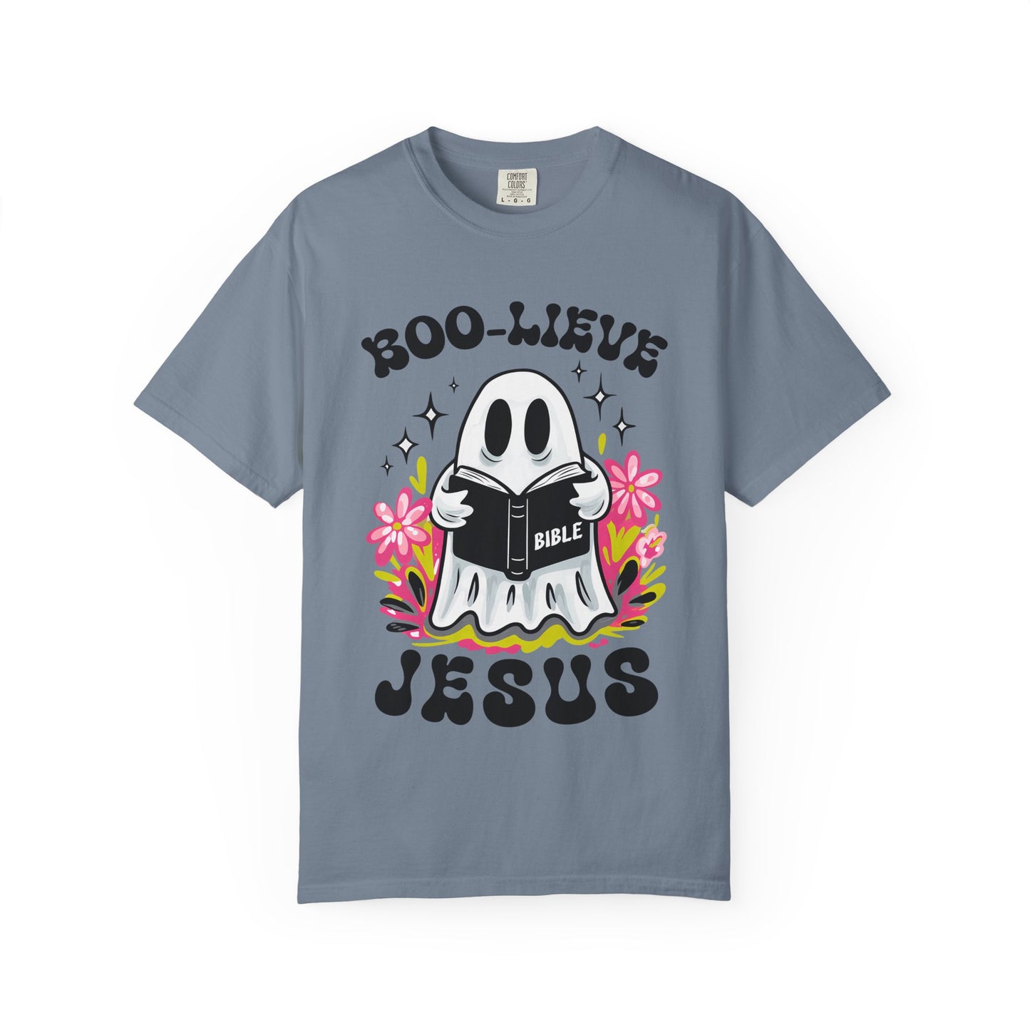 Boo-lieve Jesus ghost reading Bible T-shirt | Halloween Christian design