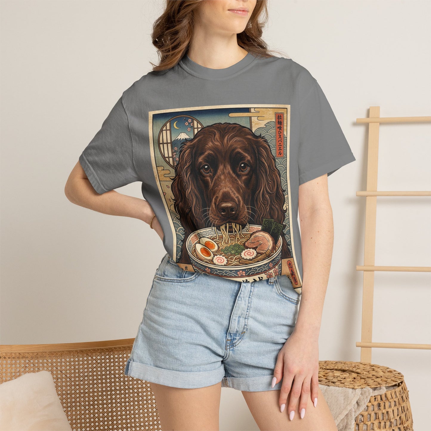 Boykin Spaniel Dog Eating Ramen T-Shirt | Japanese Style Illustration