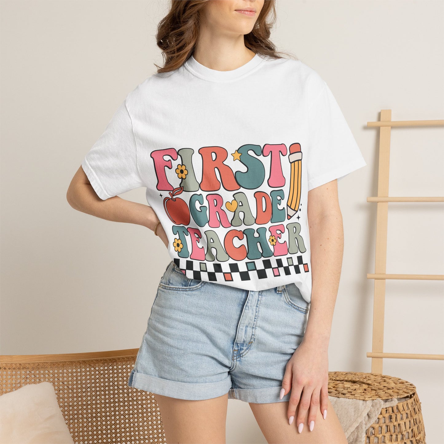 First Grade Teacher T-shirt | Colorful Retro Text, Pencil & Stars