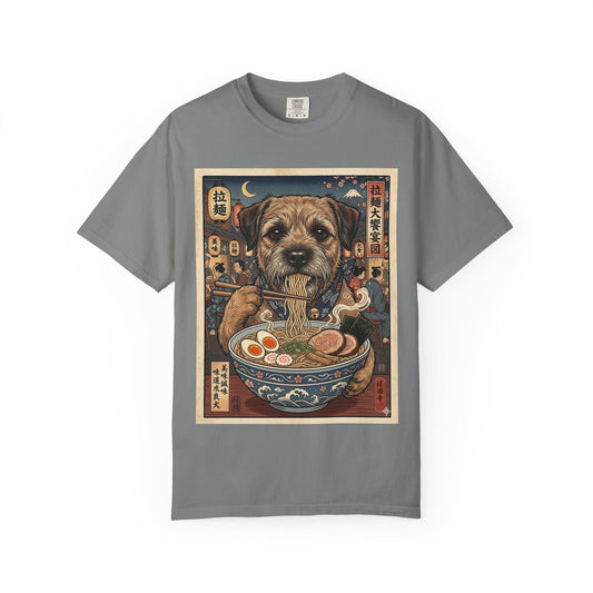 Border Terrier Dog Eating Ramen T-Shirt | Vintage Japanese Food Illustration