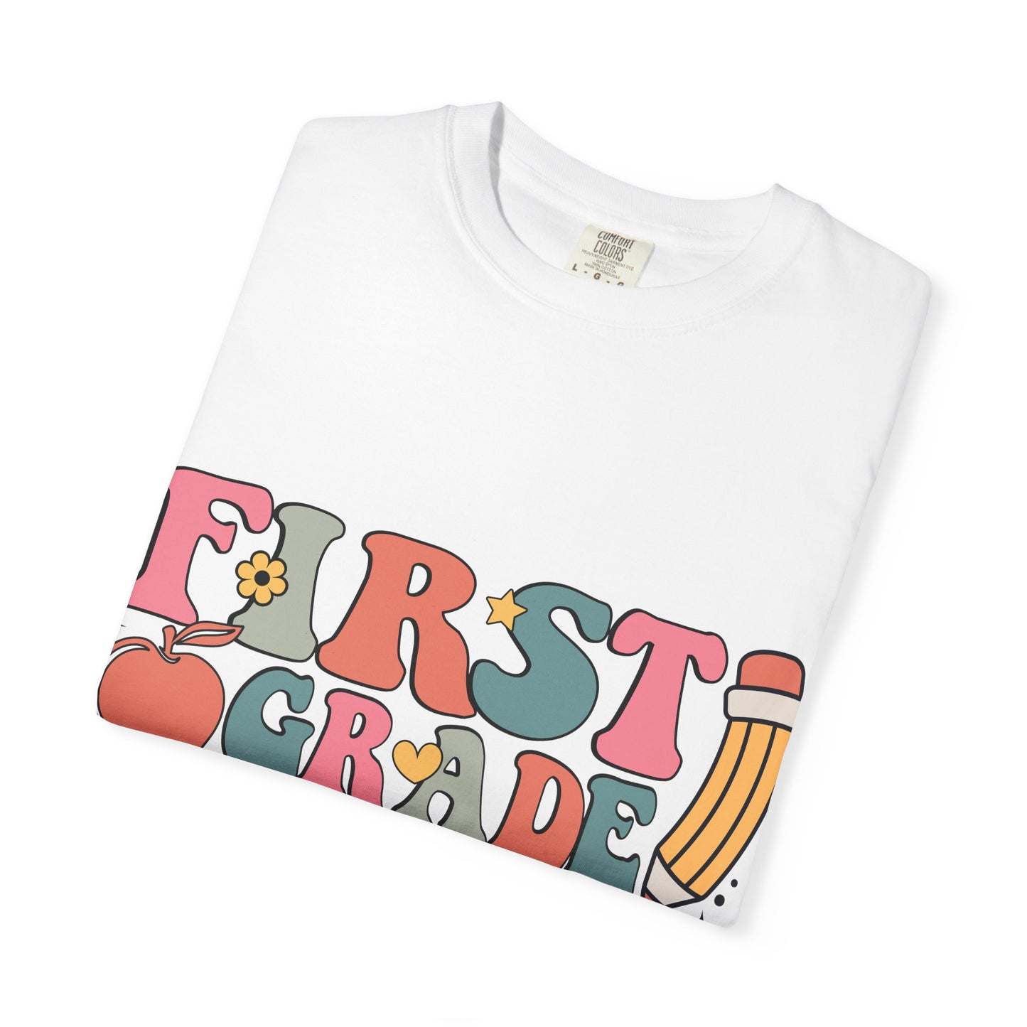 First Grade Teacher T-shirt | Colorful Retro Text, Pencil & Stars