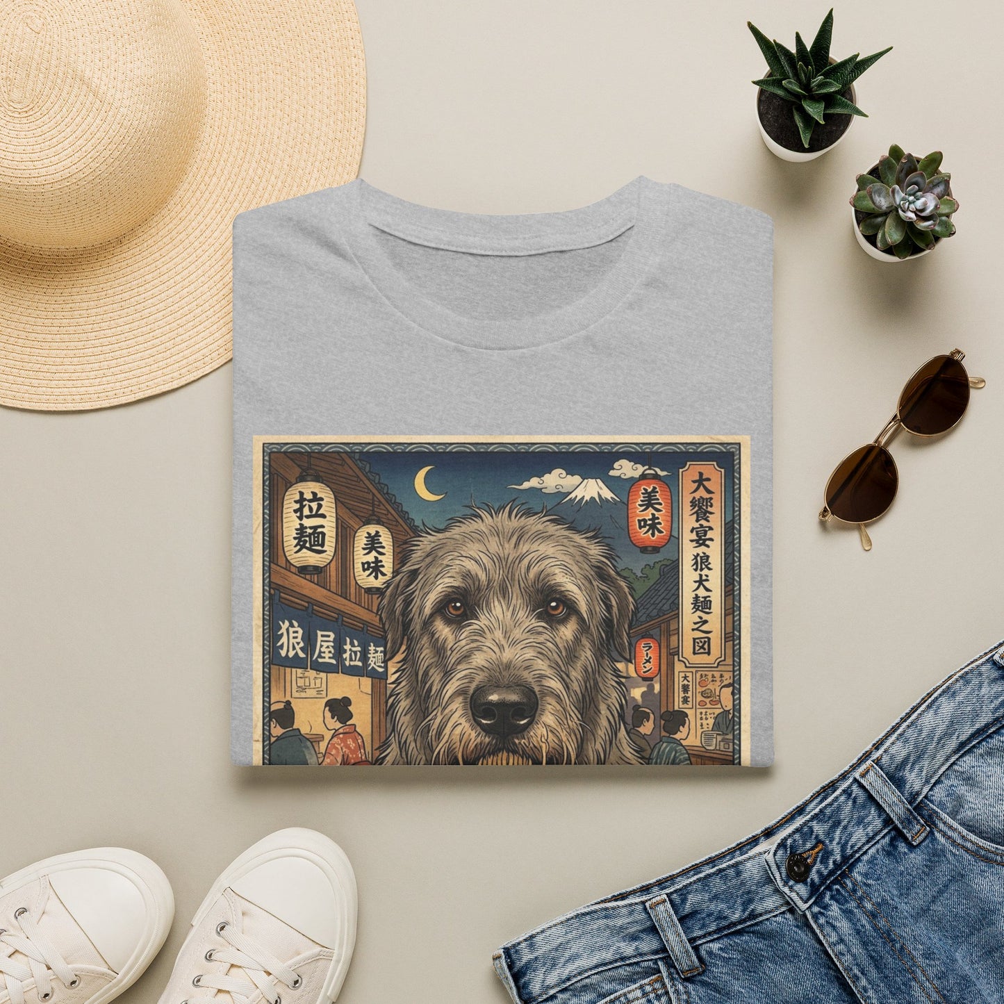 Irish Wolfhound Ramen Dog T-Shirt — Vintage Japanese Noodle Shop Illustration